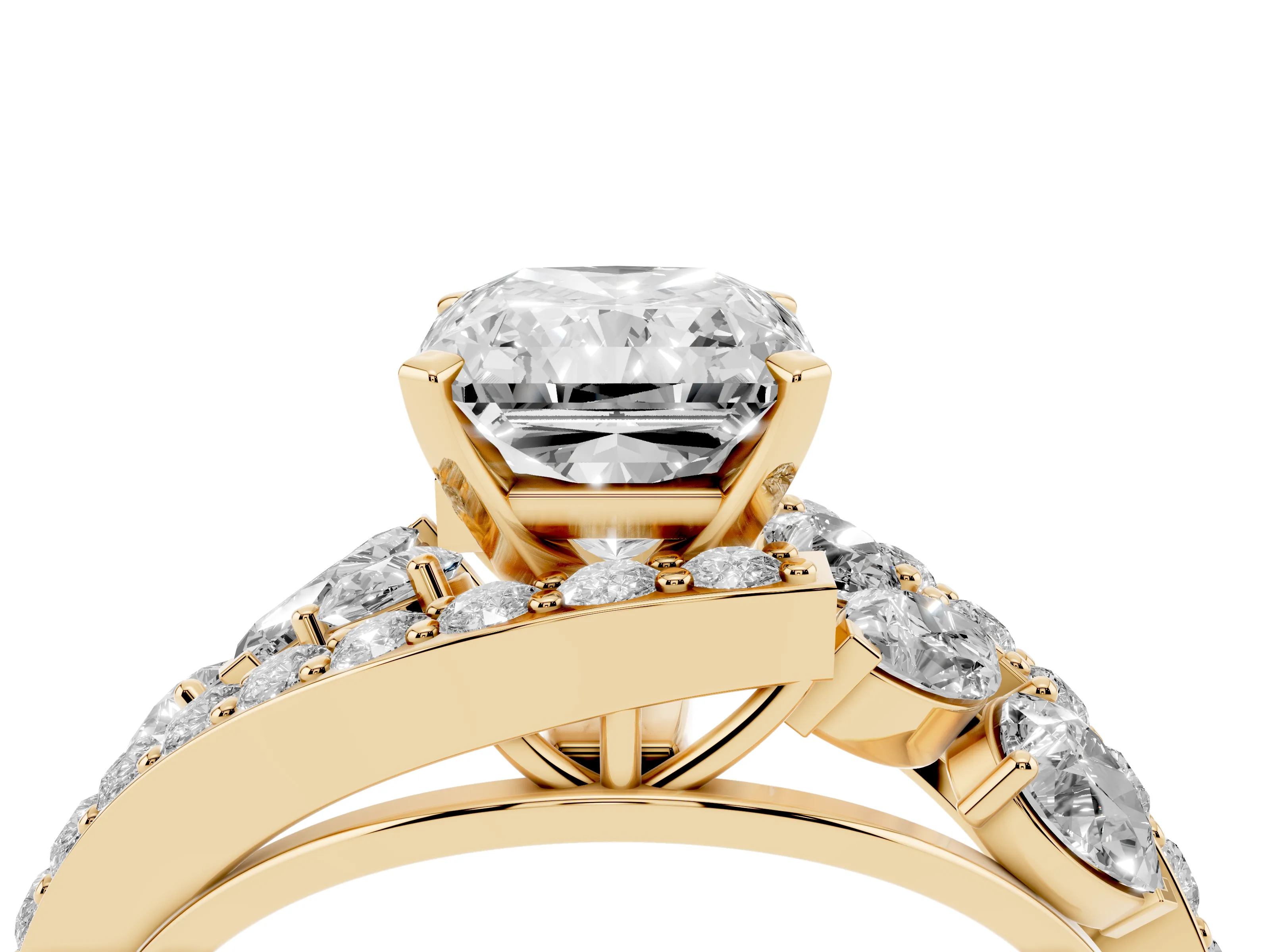 Radiant Cut Diamond Halo Ring Set in Yellow gold with Marquise and Pavé Band in Prong Setting