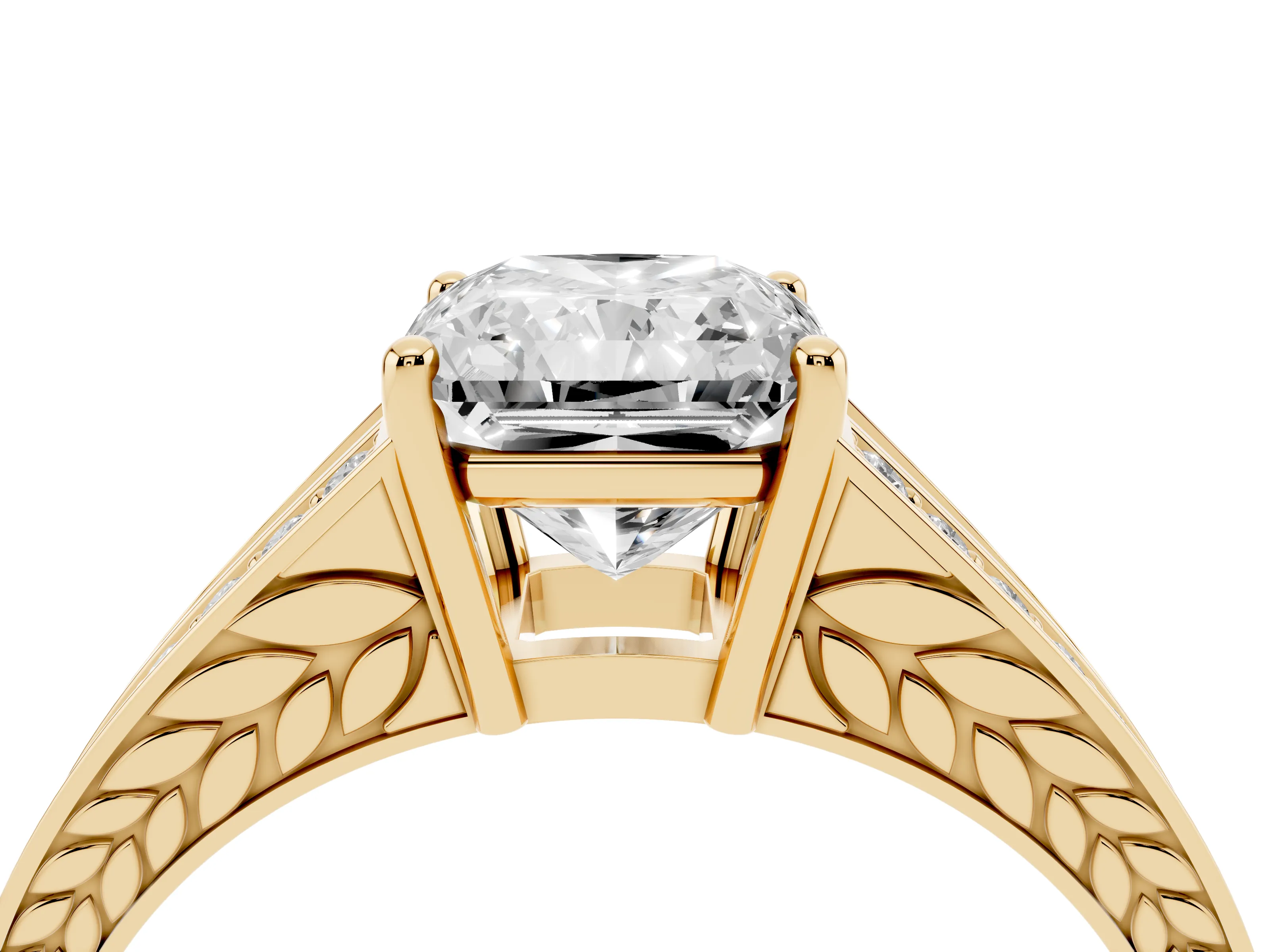 Radiant Cut Diamond Split Shank Ring Set in Yellow gold with Pavé Band and Prong Setting