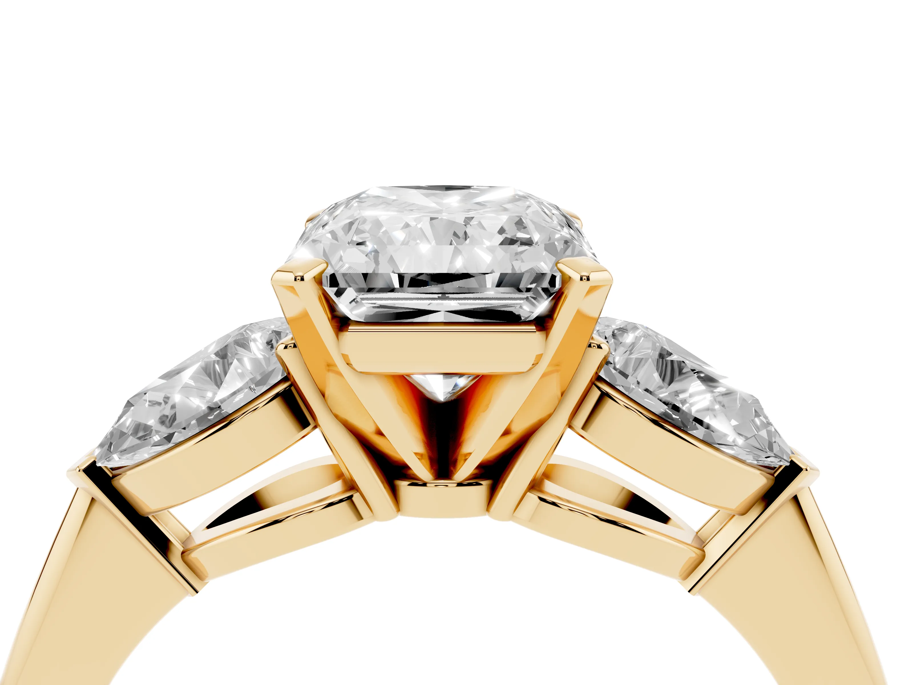 Three-Stone Radiant Cut Diamond Ring Set in Yellow gold with Pear Side Stones and Prong Setting