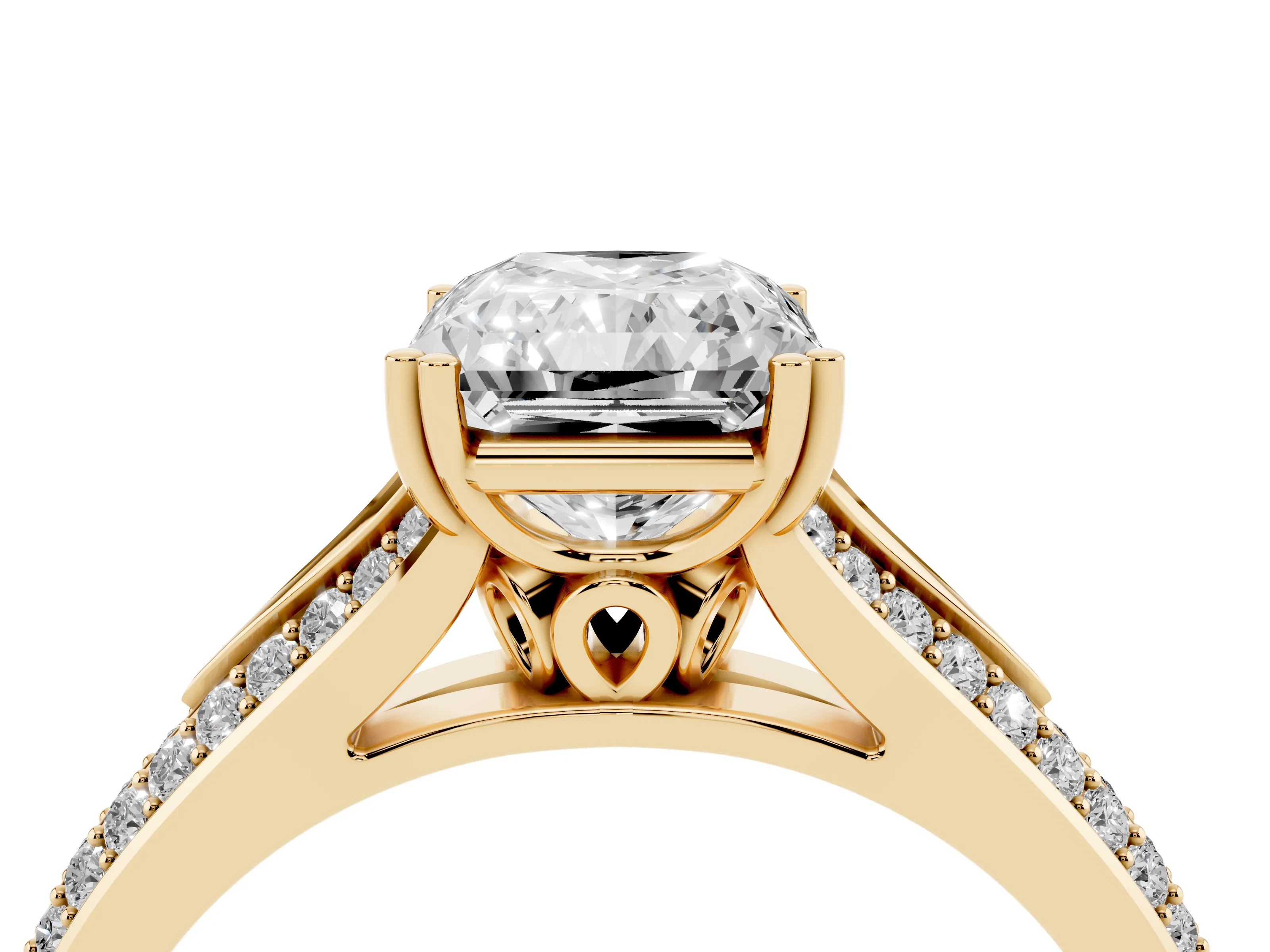Radiant Cut Diamond Split Shank Pavé Engagement Ring Set in Yellow gold with Prong-Set Center Stone