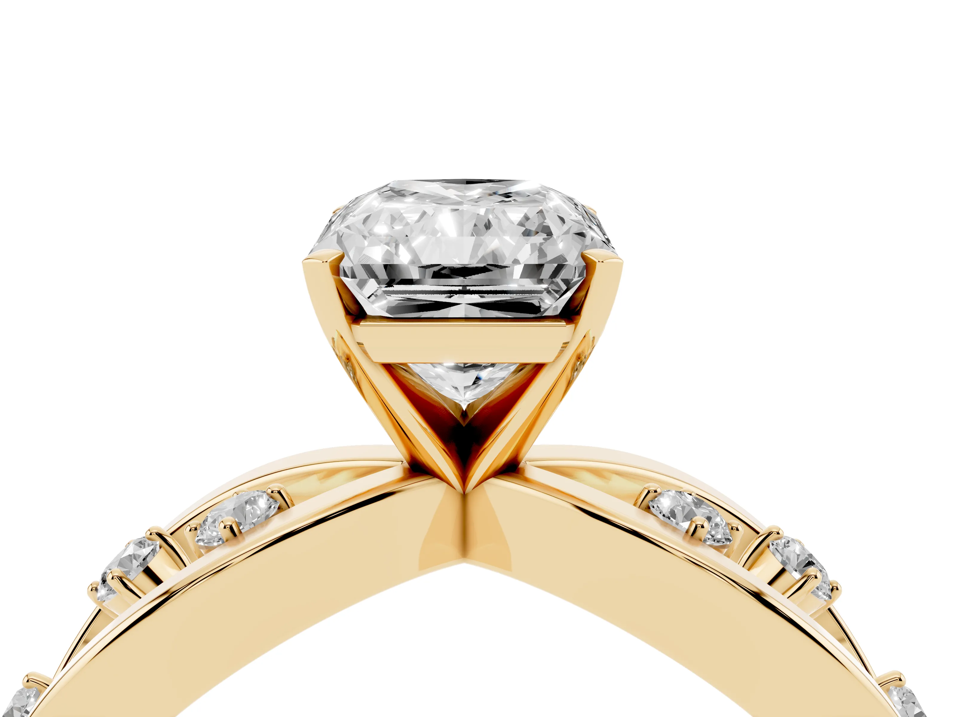 Radiant Cut Diamond Solitaire Ring Set in Yellow gold with Side Stones on Criss-Cross Band and Prong Setting