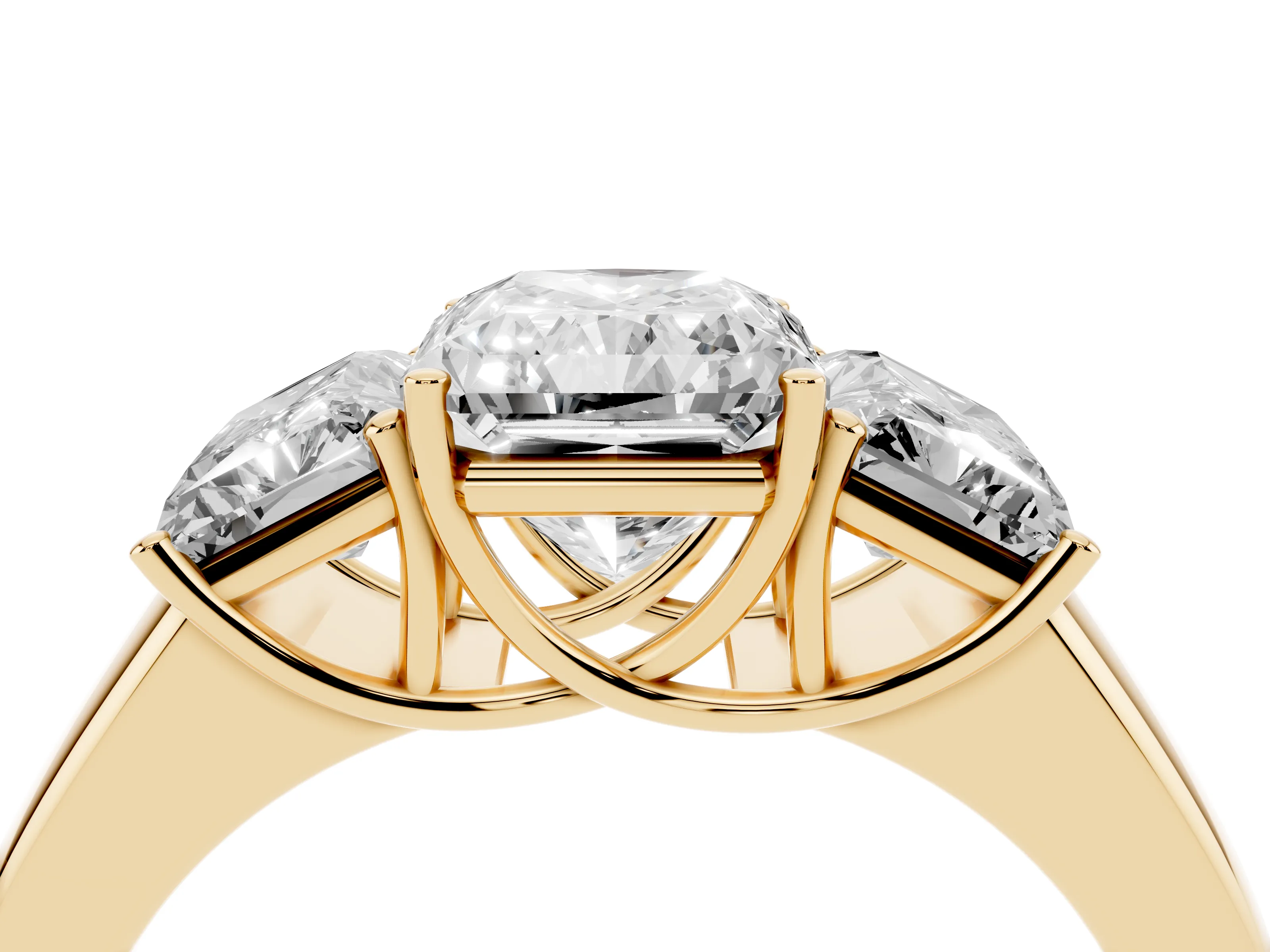 Three-Stone Radiant Cut Diamond Ring Set in Yellow gold with Matching Prong Settings and Plain Band