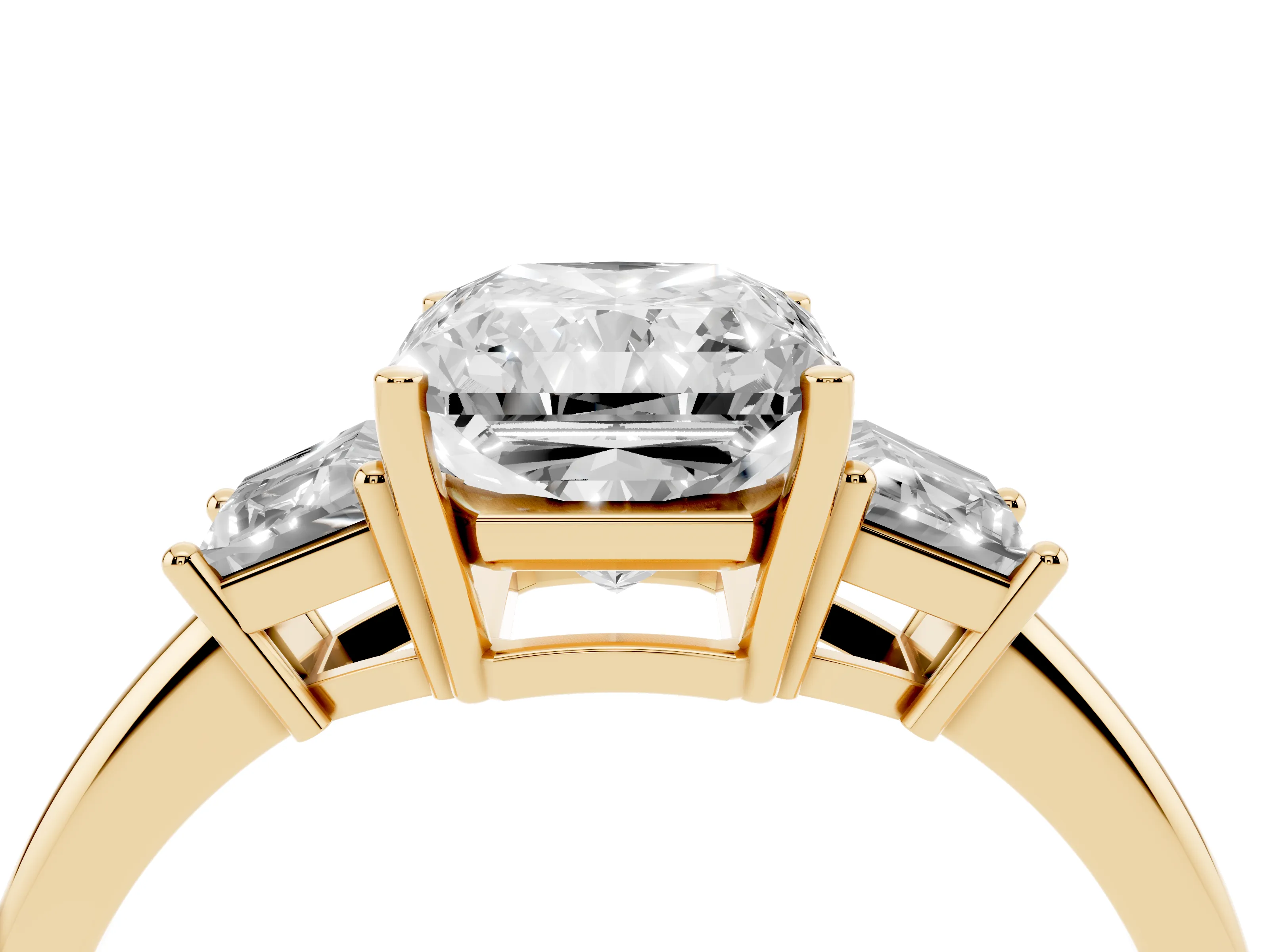 Radiant Cut Diamond Three-Stone Ring Set in Yellow gold with Trapezoid Side Stones and Prong Setting