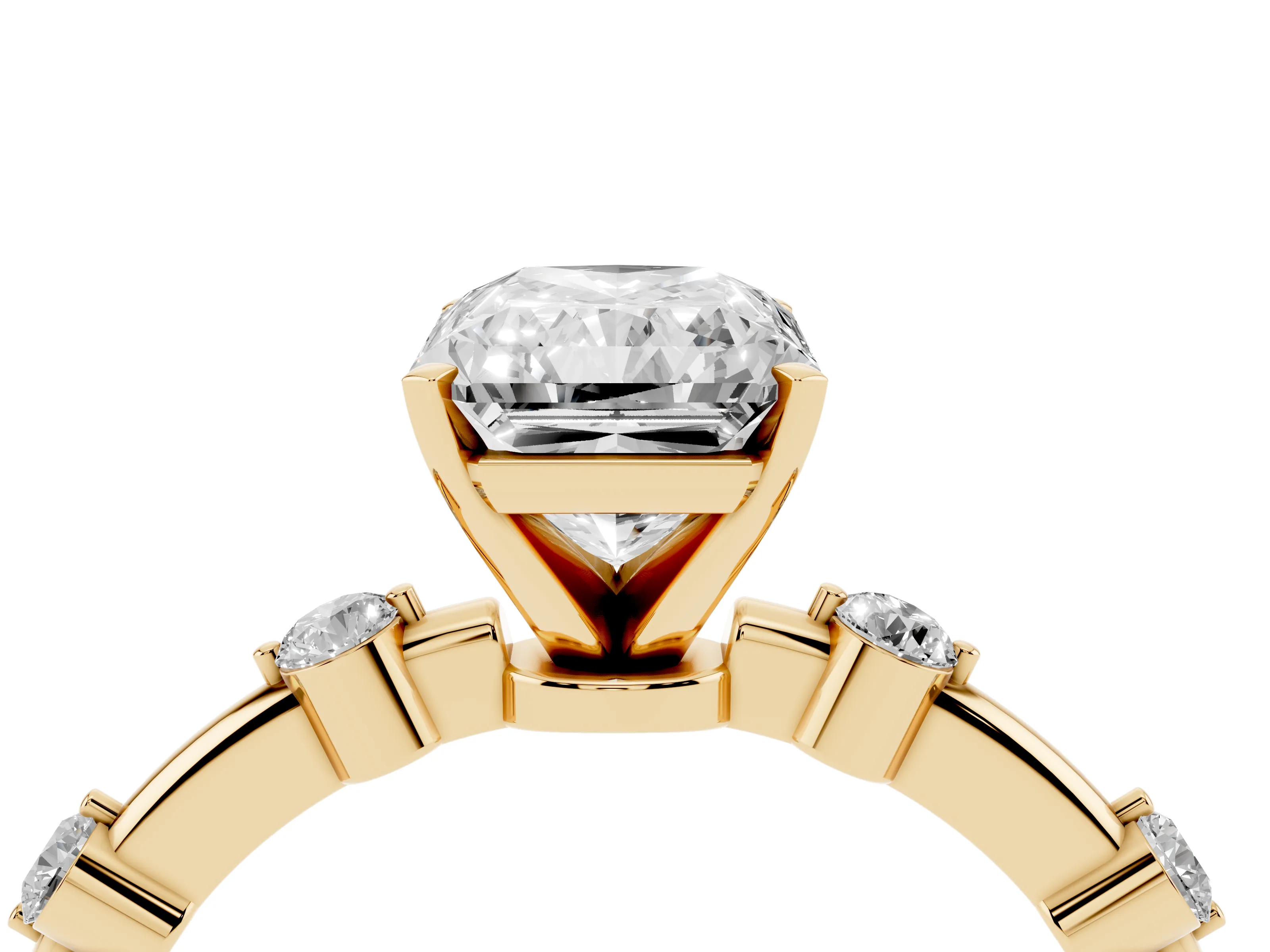 Radiant Cut Diamond Solitaire Ring Set in Yellow gold with Bezel Set Side Stones and Prong Setting