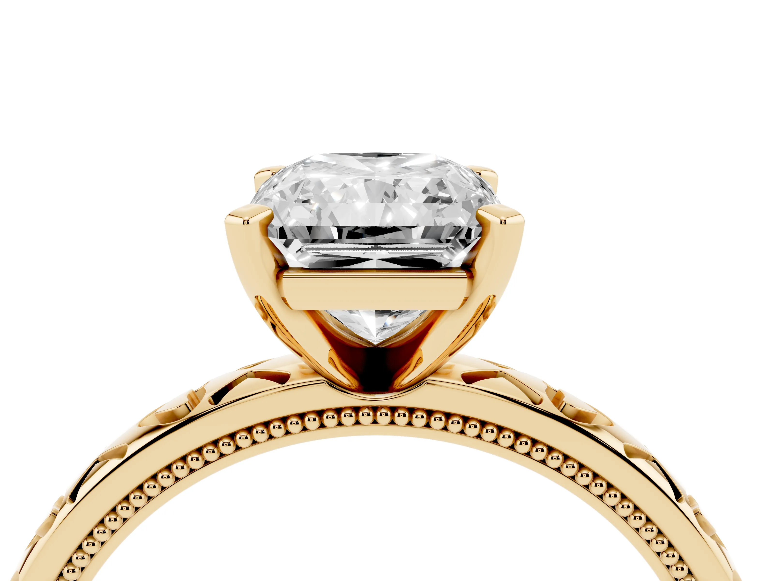 Radiant Cut Diamond Solitaire Engagement Ring Set in Yellow gold with XO Engraved Band and Prong Setting