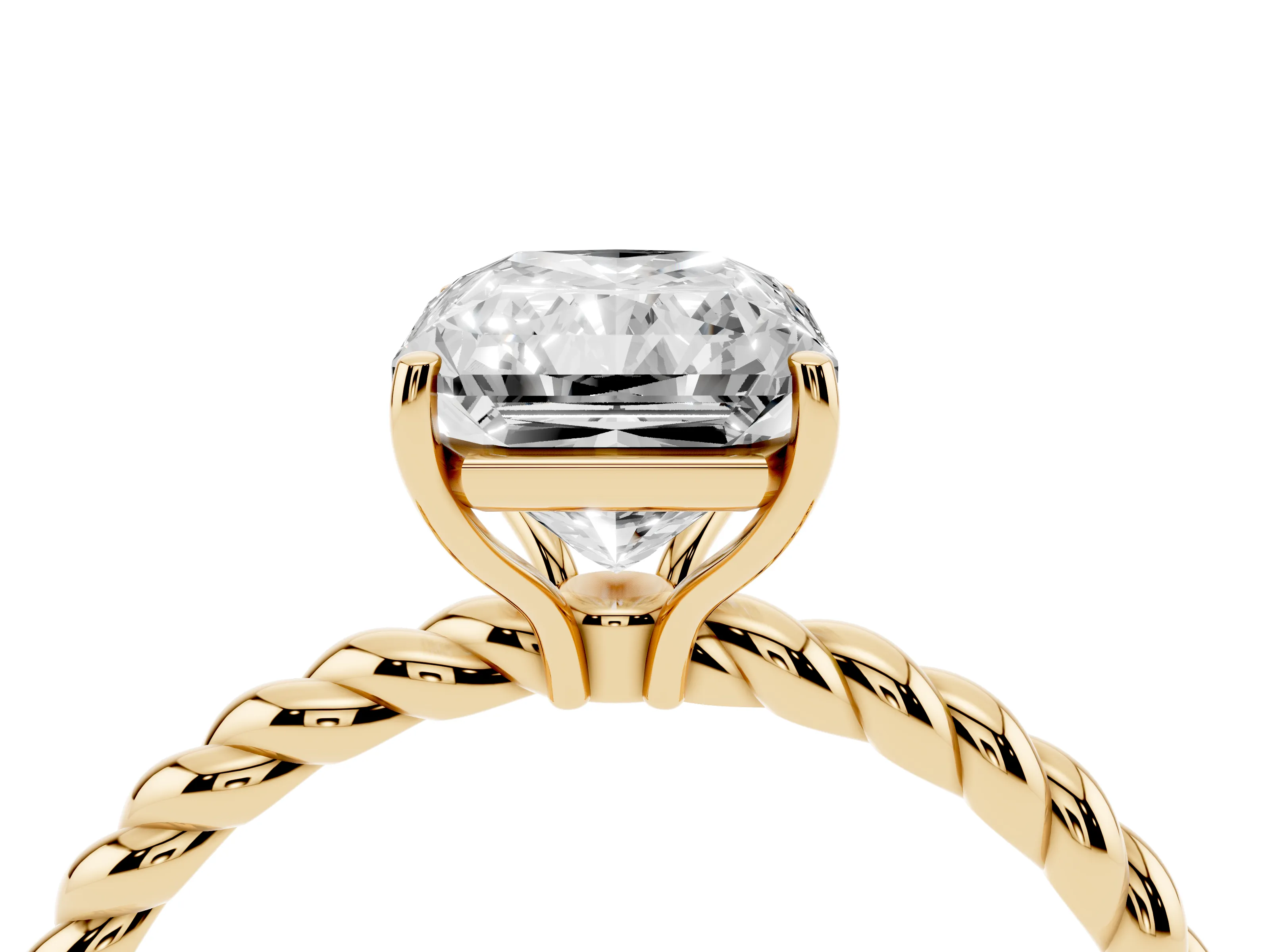 Radiant Cut Diamond Solitaire Ring Set in Yellow gold with Twist Band and Prong Setting