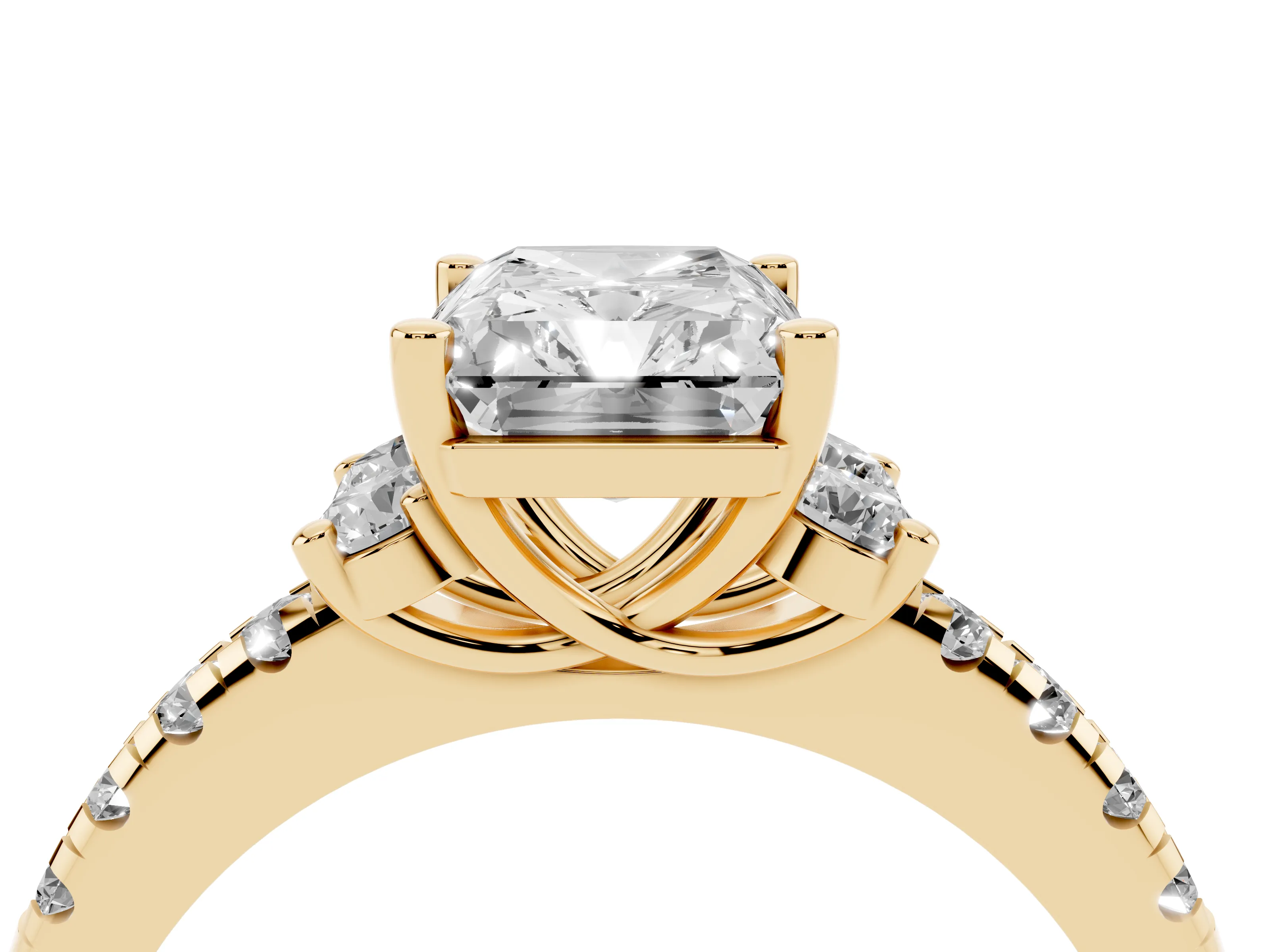 Radiant Cut Diamond Three-Stone Pavé Ring Set in Yellow gold with Prong Setting