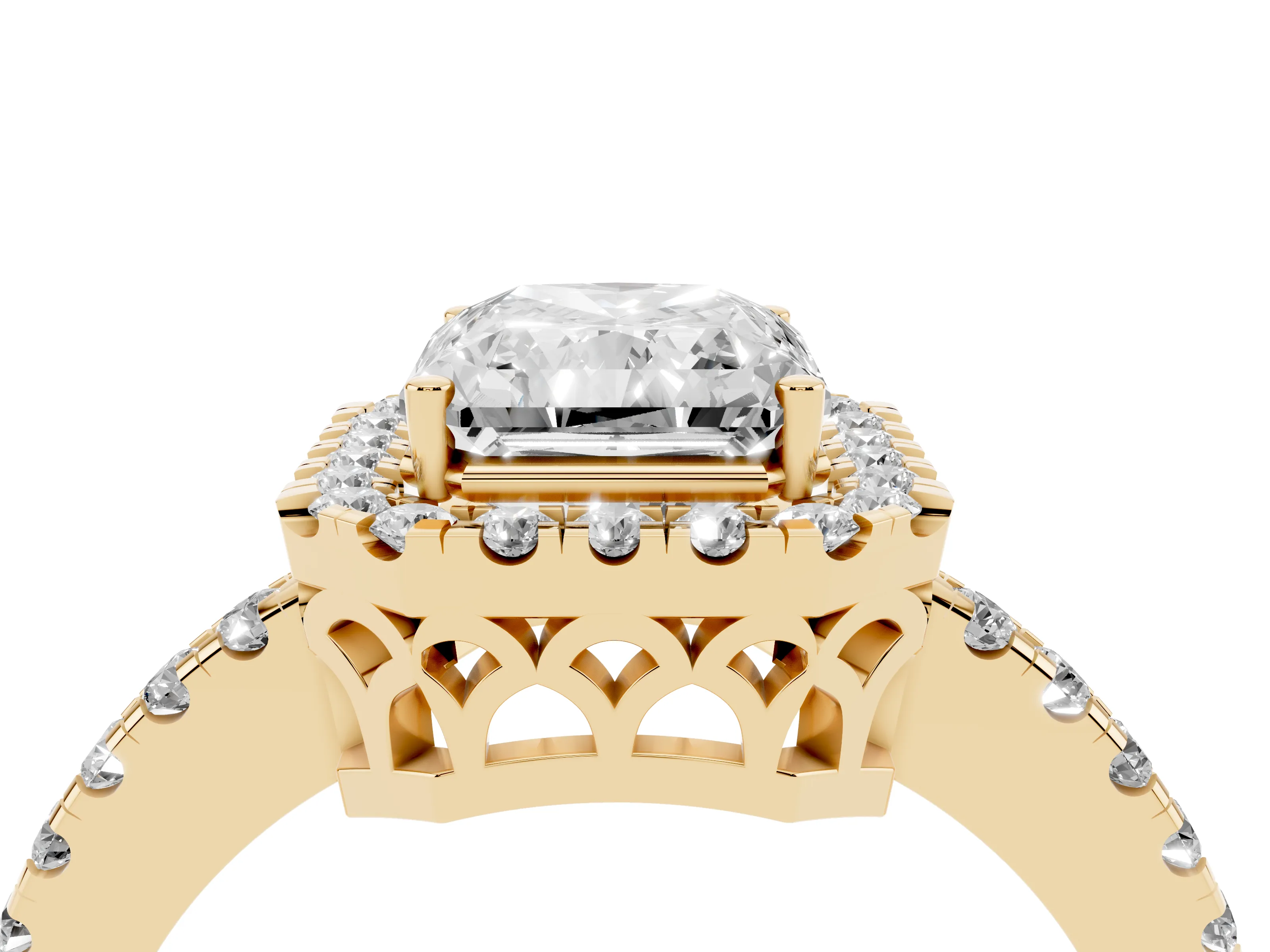 Radiant Cut Diamond Pavé Band Halo Engagement Ring Set in Yellow gold with Prong Setting