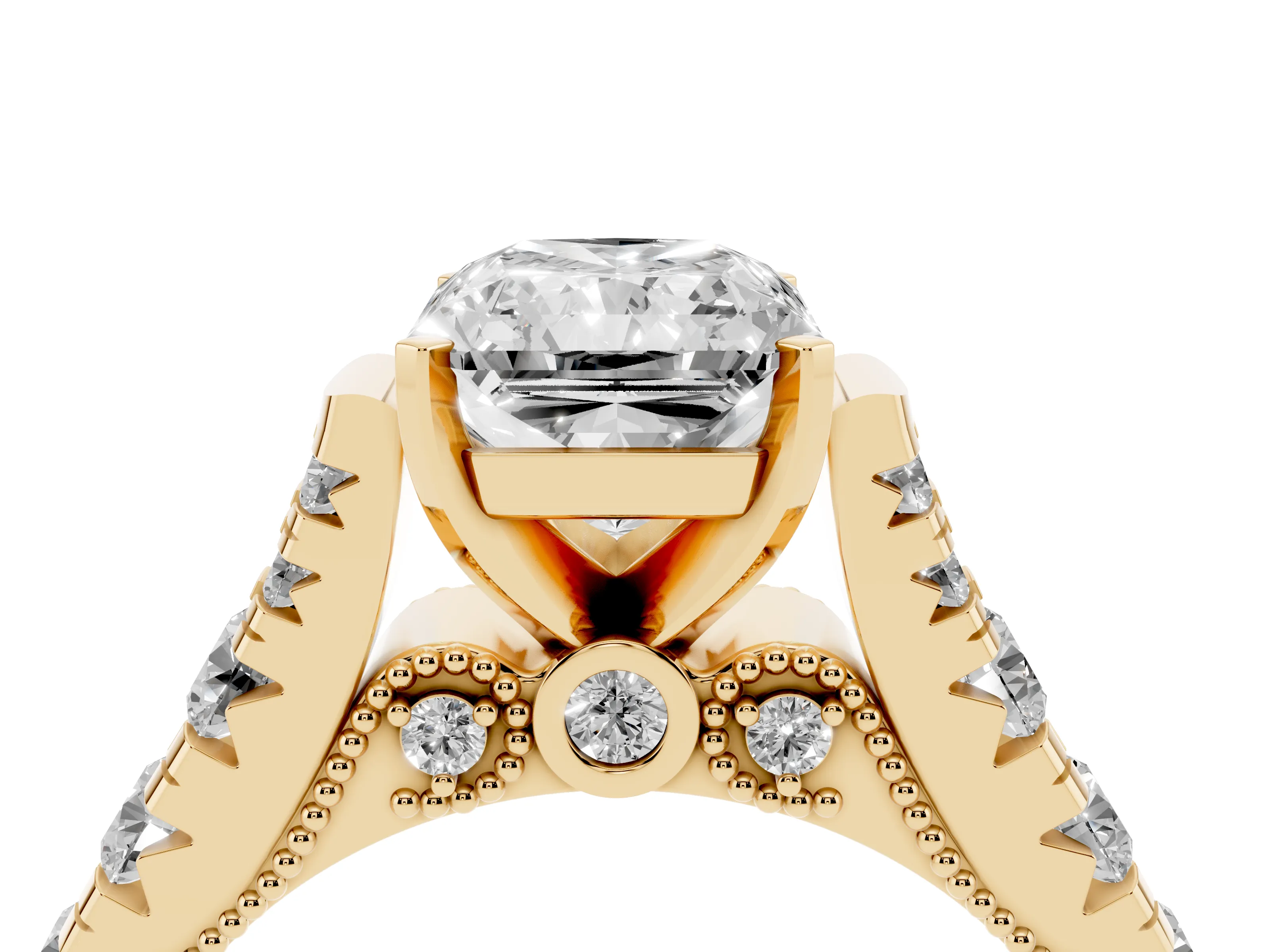 Radiant Cut Diamond Classic Solitaire Ring Set in Yellow gold with Pavé Band and Prong Setting