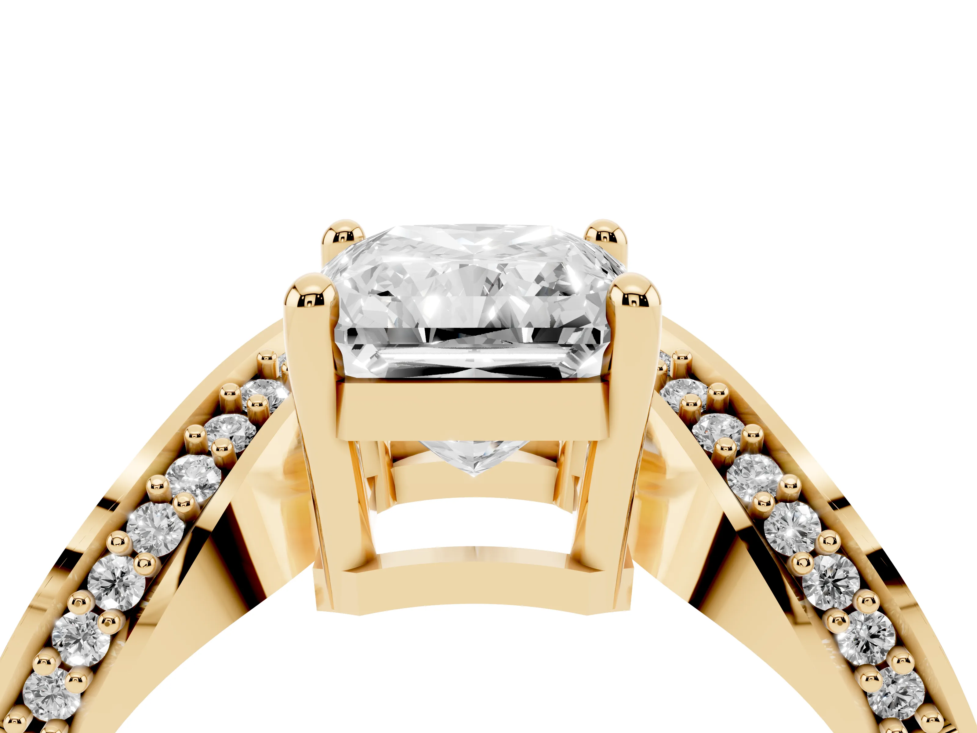 Radiant Cut Diamond Solitaire Engagement Ring Set in Yellow gold with Pavé Shoulders