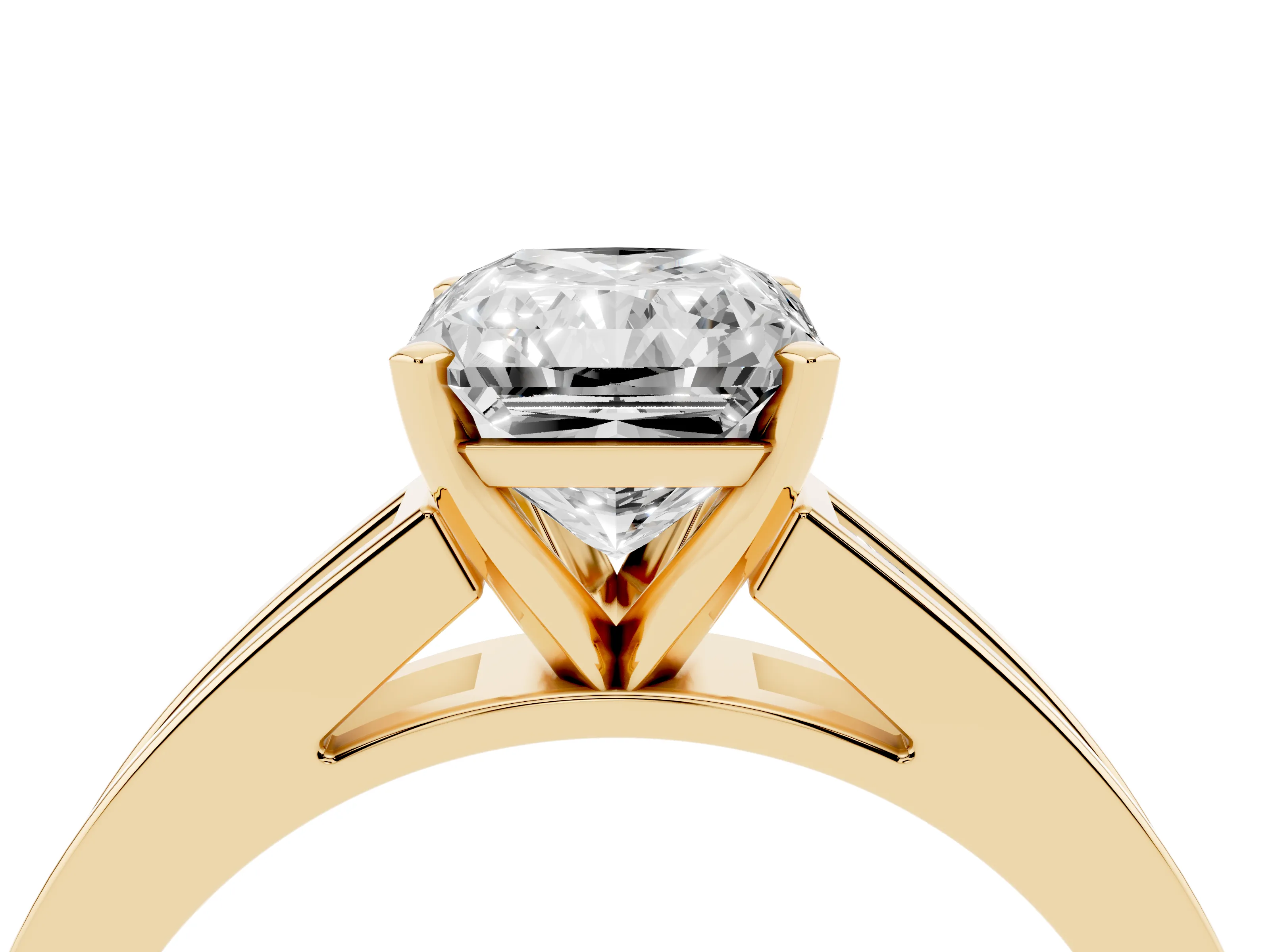 Radiant Cut Diamond Solitaire Ring Set in Yellow gold with Channel-Set Band and Prong Setting