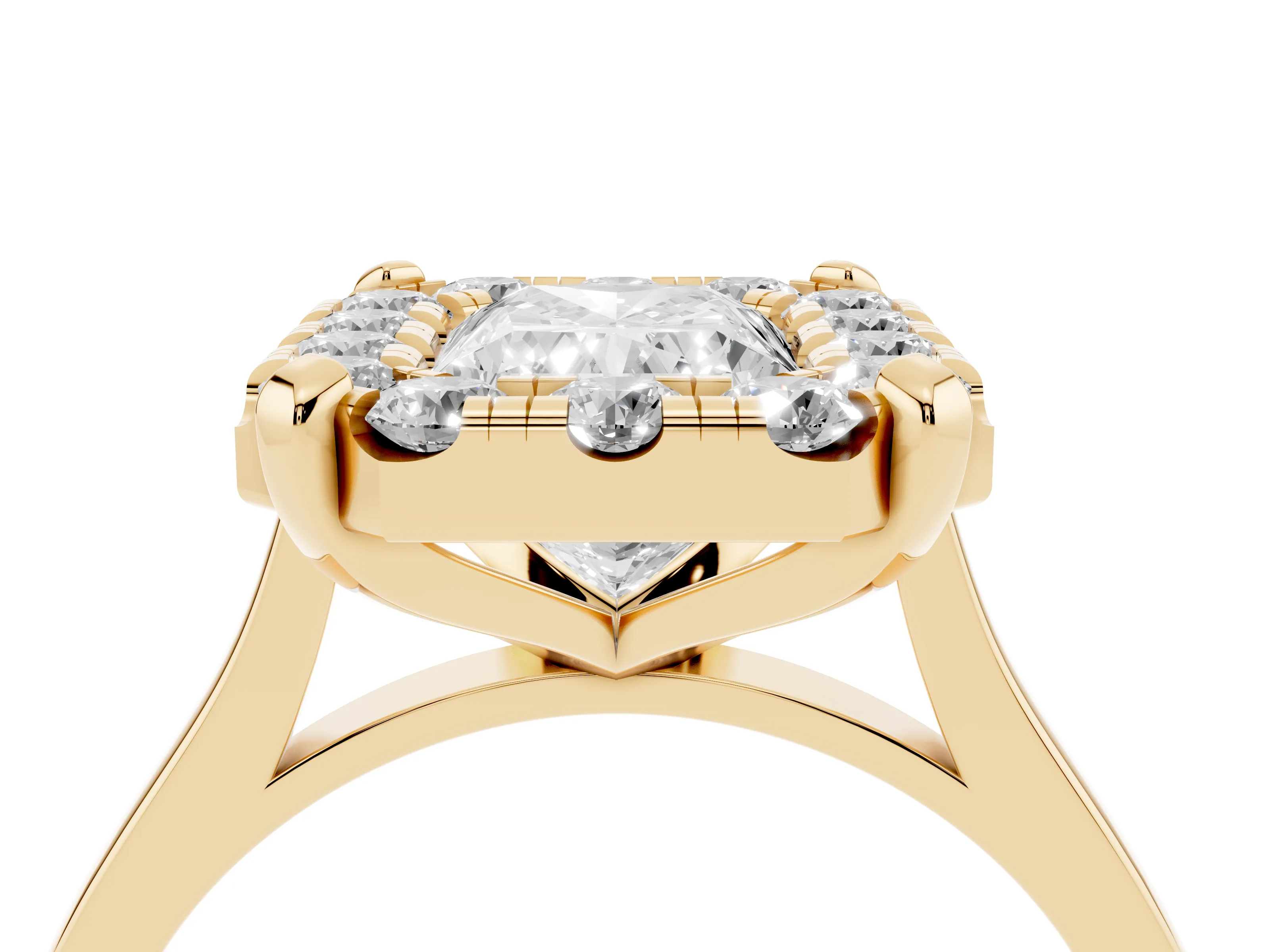 Radiant Cut Diamond Cluster Halo Solitaire Ring Set in Yellow gold with Prong Setting