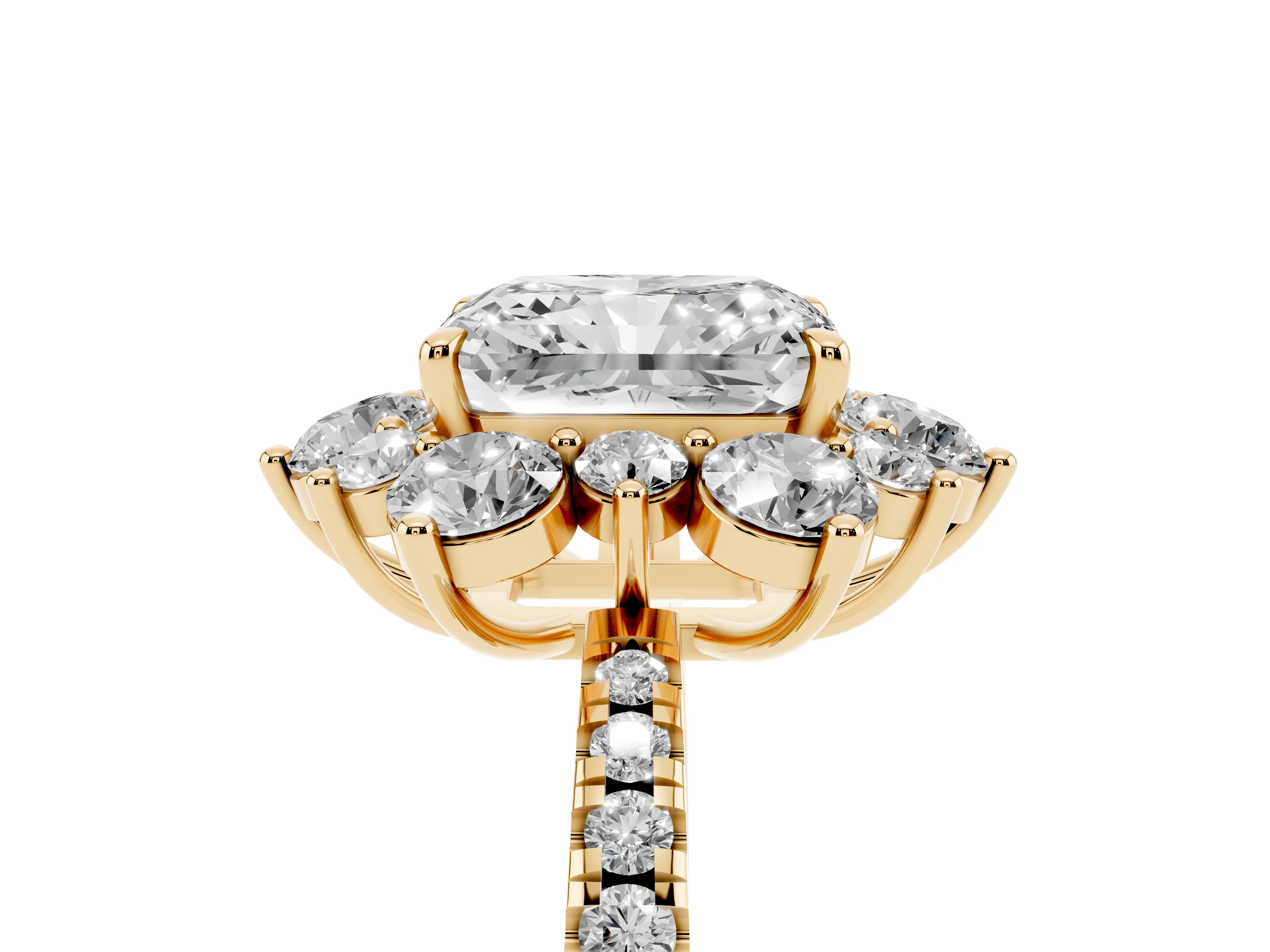 Radiant Cut Diamond Floral Halo Ring Set in Yellow gold with Round Pavé Band and Prong Setting