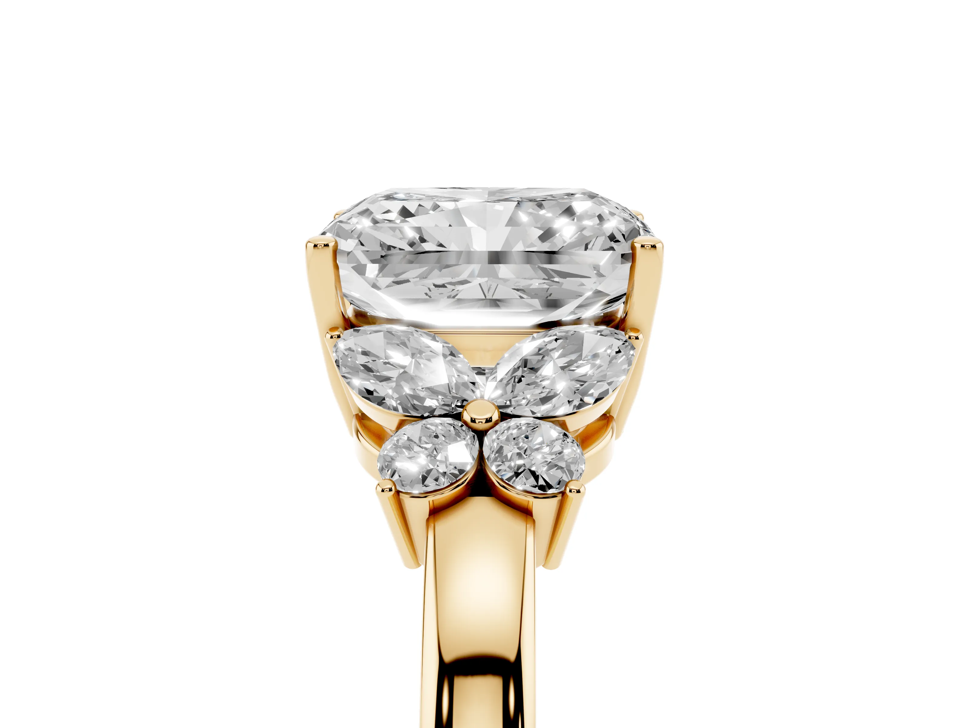 Radiant Cut Diamond Solitaire Floral Ring Set in Yellow gold with Marquise Petals and Prong Setting
