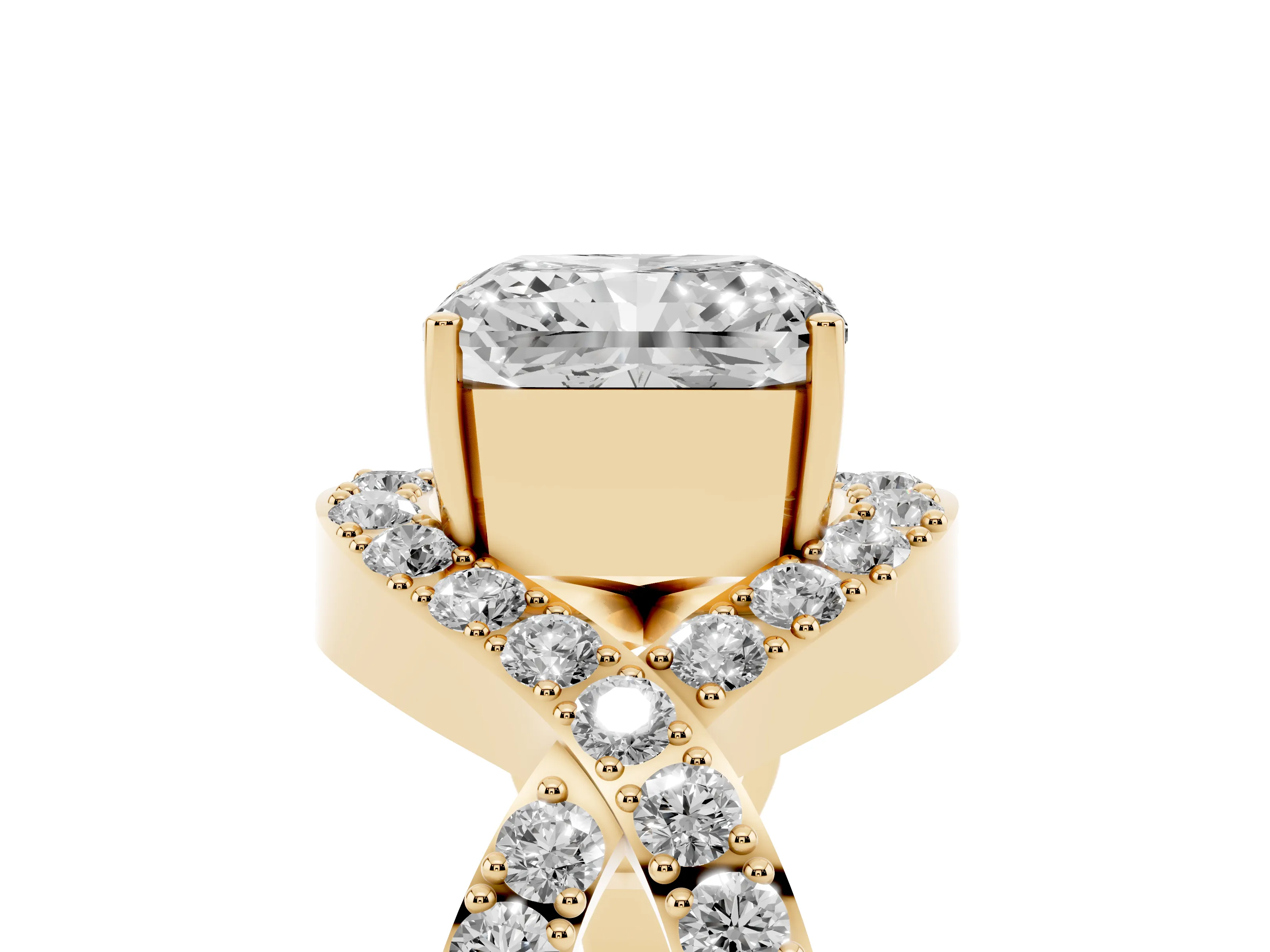 Radiant Cut Diamond Solitaire Twist Band Pavé Engagement Ring Set in Yellow gold