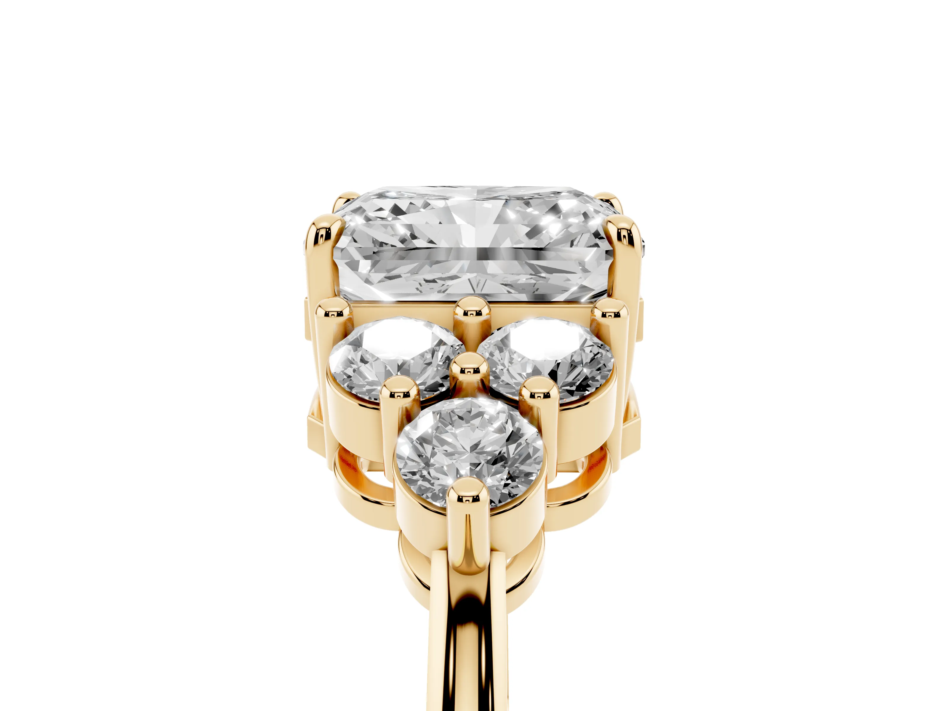 Radiant Cut Diamond Solitaire Ring Set in Yellow gold with Cluster Accents on Each Side