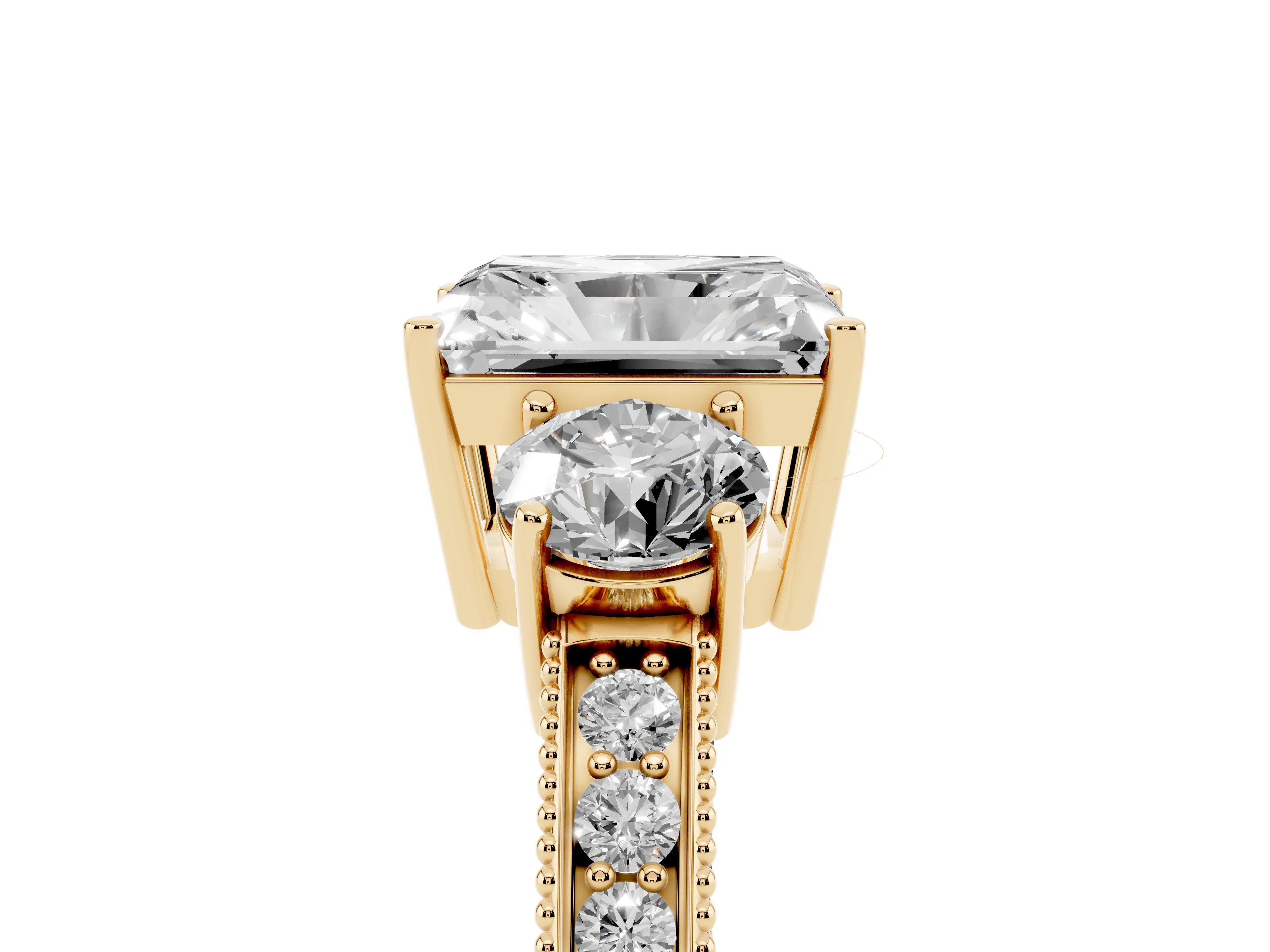 Radiant Cut Diamond Three-Stone Ring Set in Yellow gold with Round Side Stones and Pavé Band