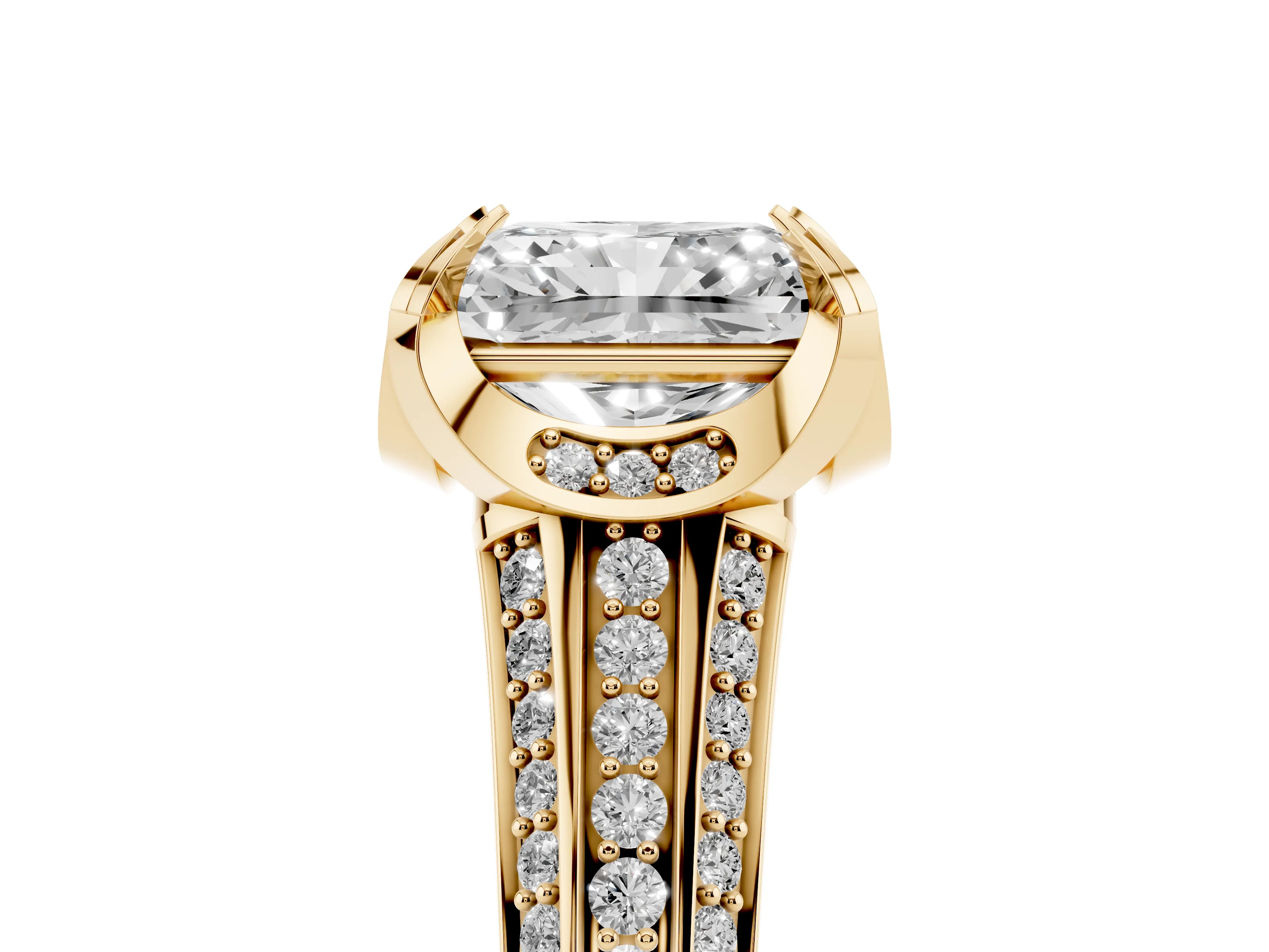 Radiant Cut Diamond Pavé Split Shank Solitaire Ring Set in Yellow gold with Prong Setting