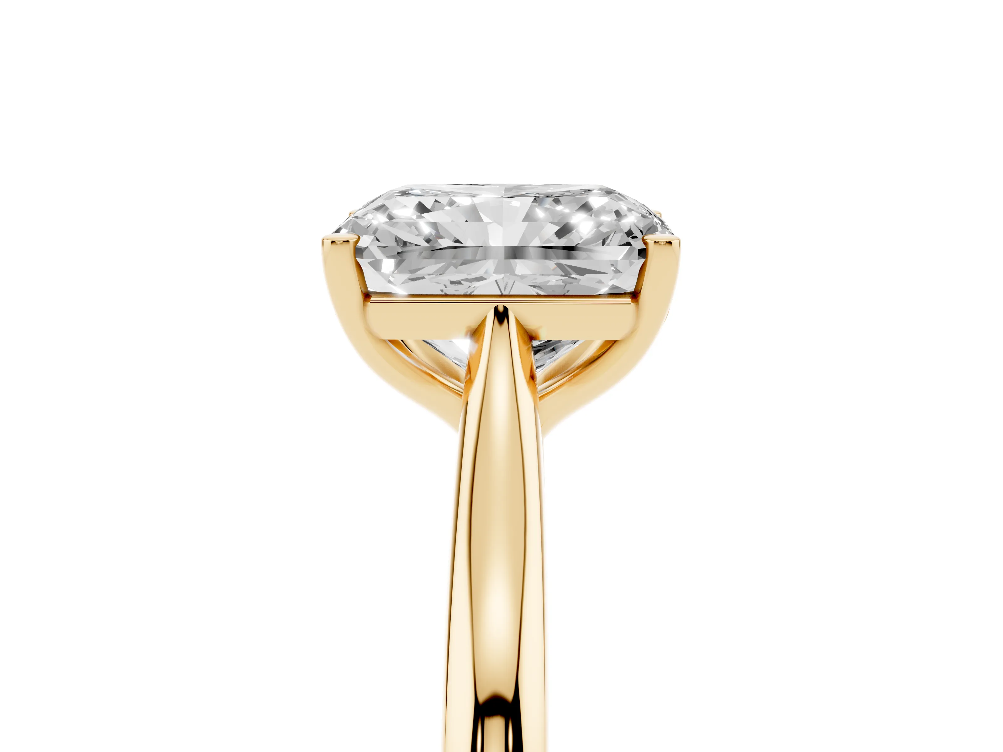 Radiant Cut Diamond Solitaire Ring Set in Yellow gold with Cathedral Band and Prong Setting