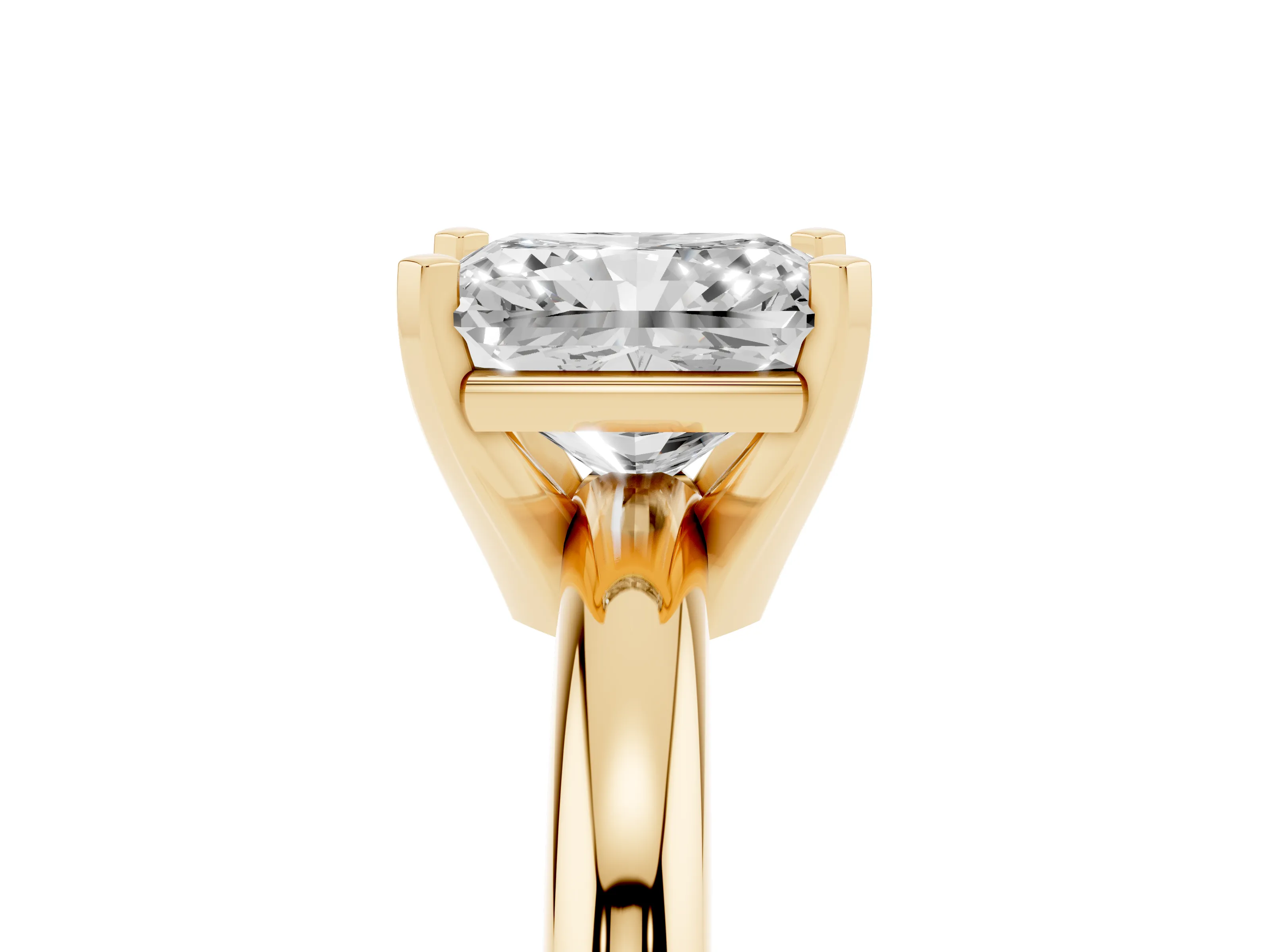 Radiant Cut Diamond Solitaire Engagement Ring Set in Yellow gold with Round Band and Prong Setting