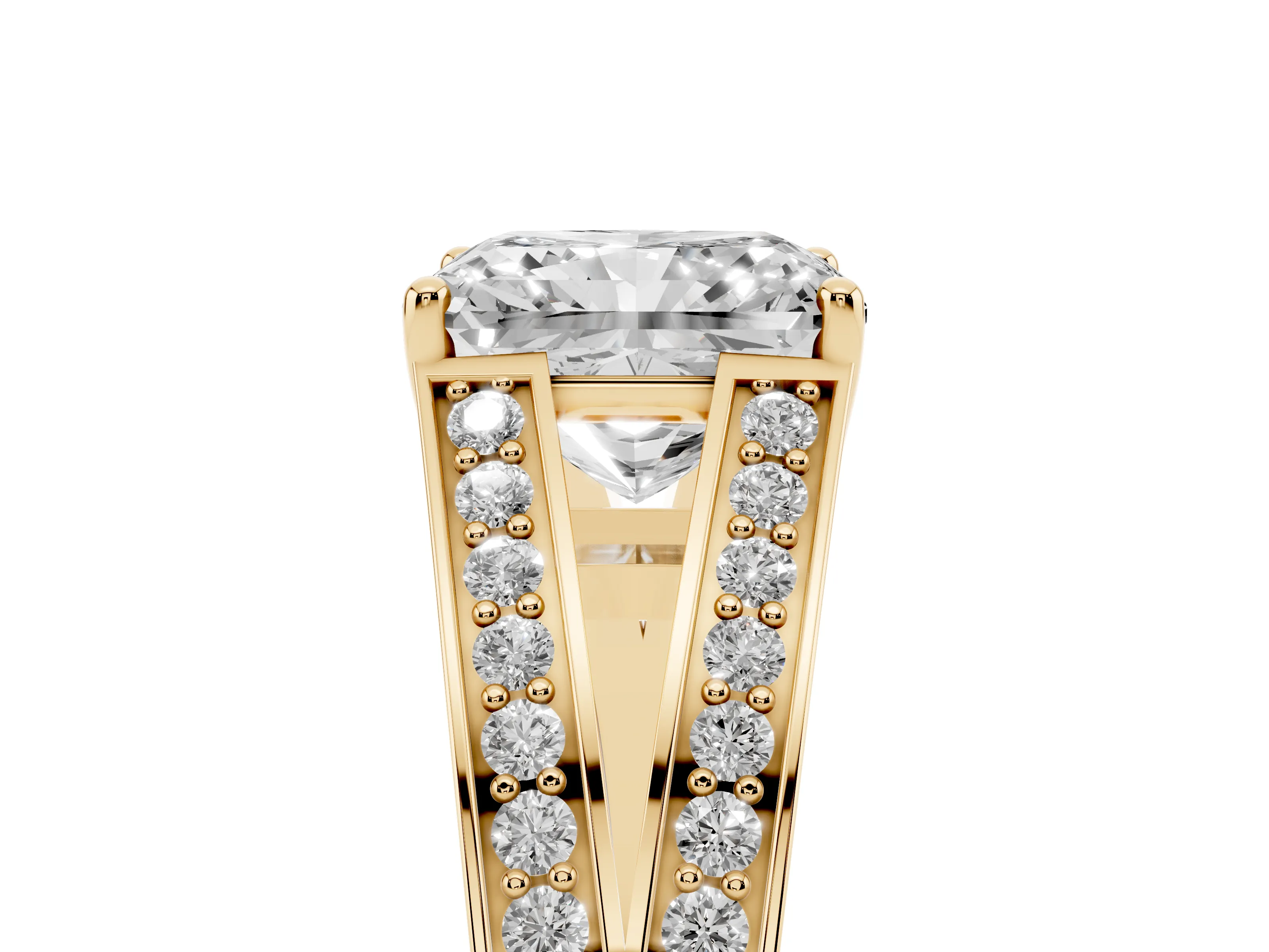 Radiant Cut Diamond Split Shank Ring Set in Yellow gold with Pavé Band and Prong Setting