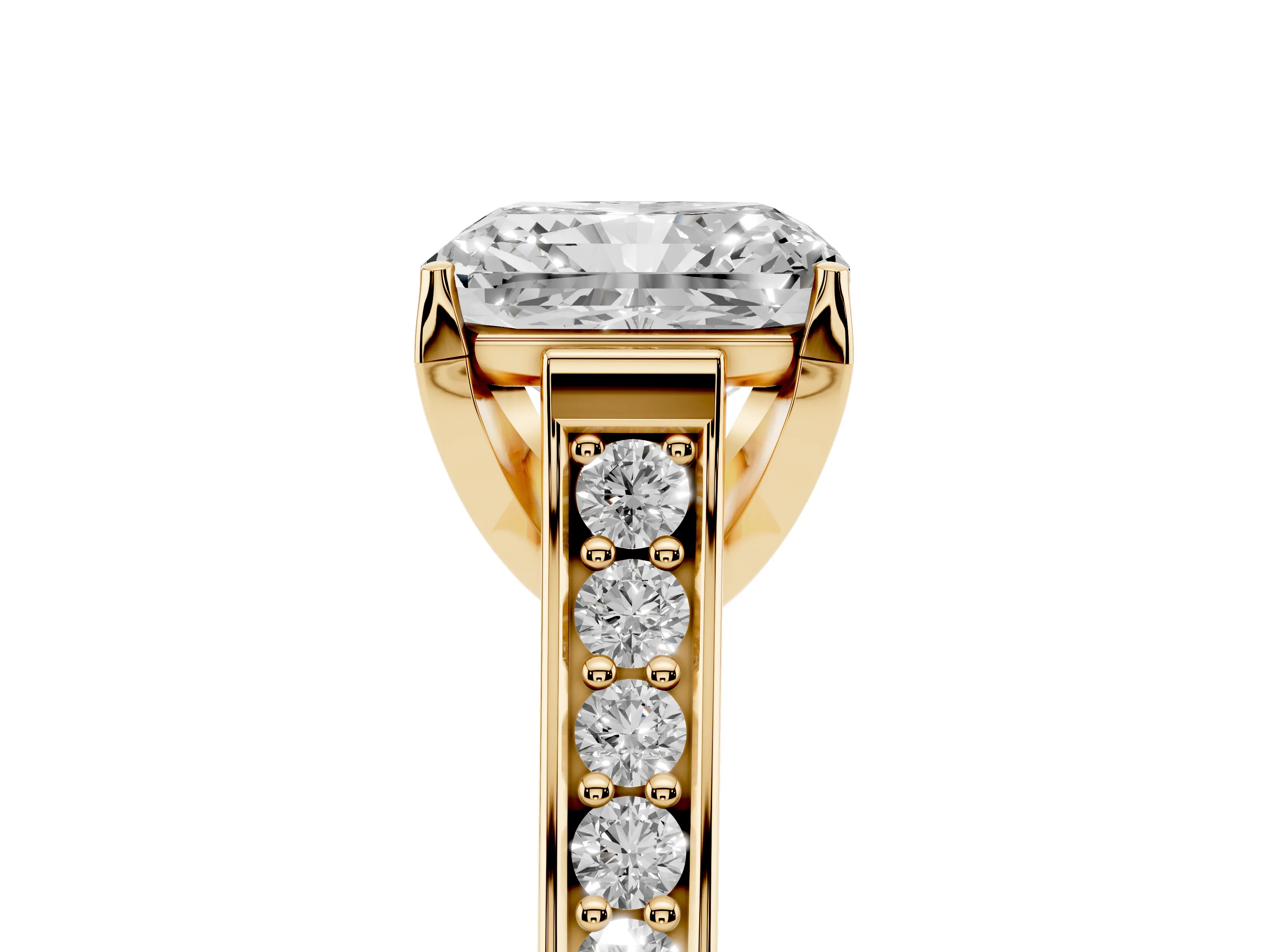 Radiant Cut Diamond Solitaire Pavé Engagement Ring Set in Yellow gold with Prong Setting
