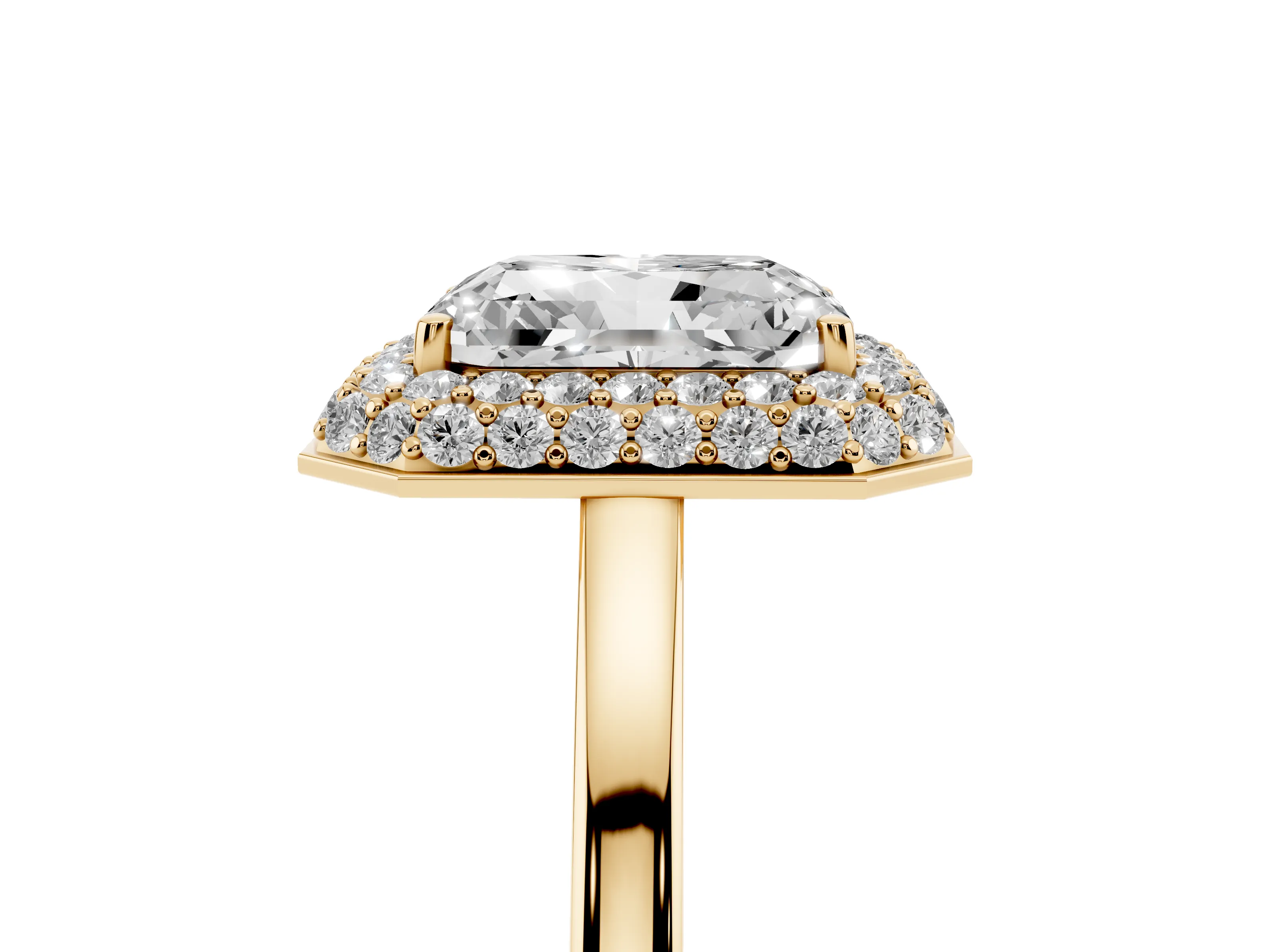 Radiant Cut Diamond Halo Engagement Ring Set in Yellow gold with Solitaire Band and Prong Setting