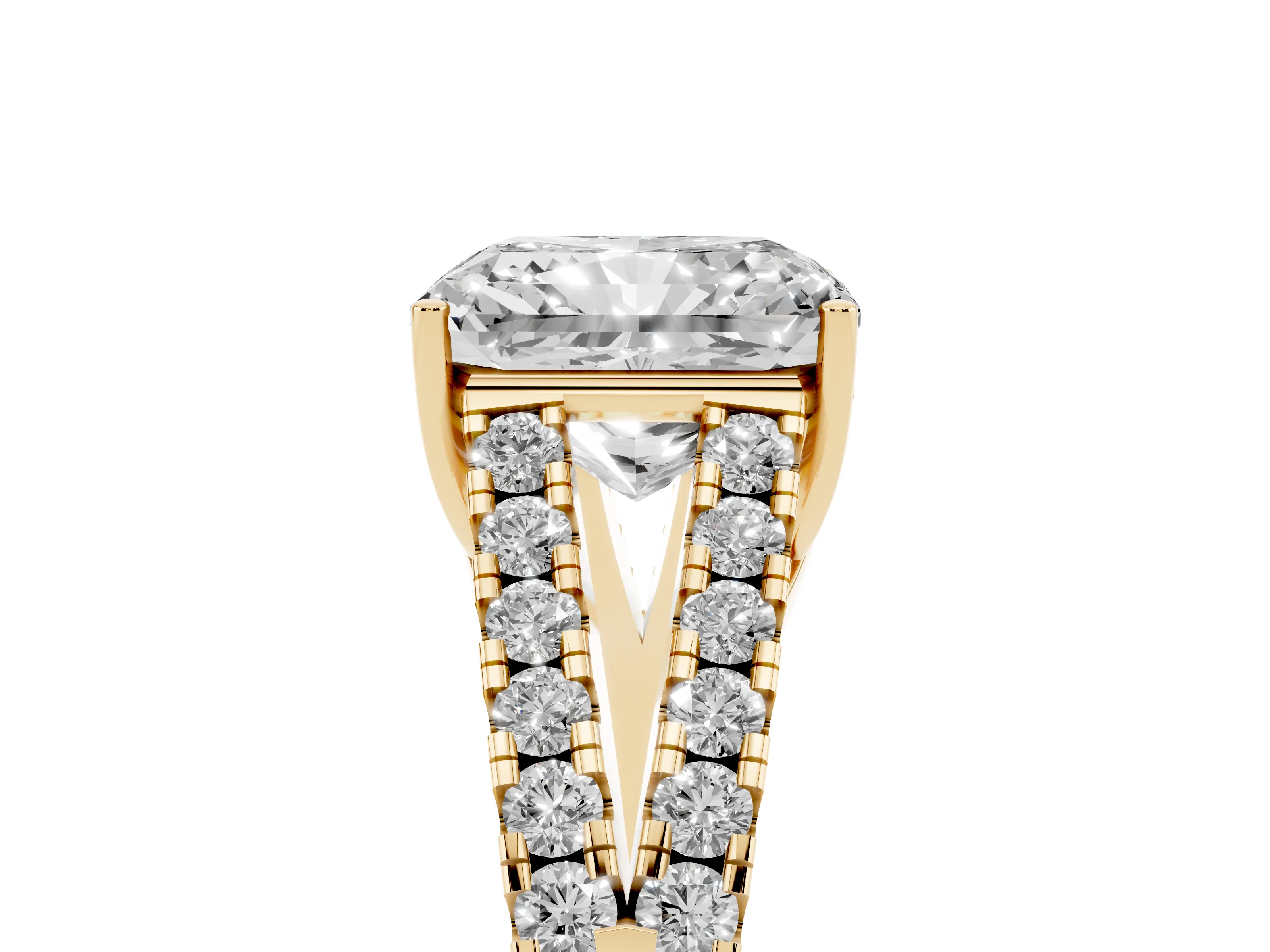 Radiant Cut Diamond Split Shank Pavé Engagement Ring Set in Yellow gold with Prong-Held Center Stone