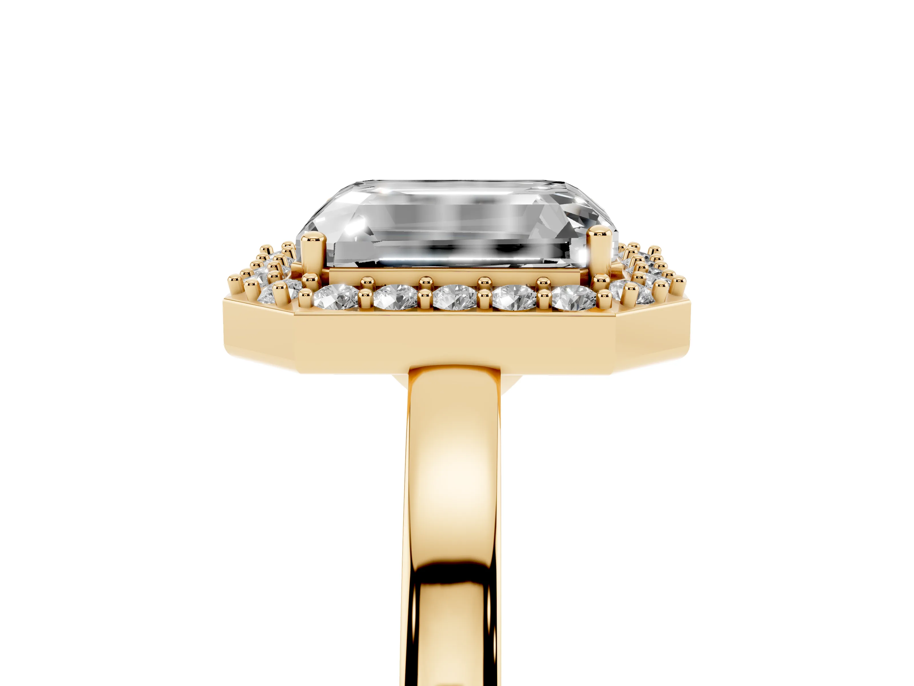 Radiant Cut Diamond Halo Ring Set in Yellow gold with Solitaire Band and Prong Setting