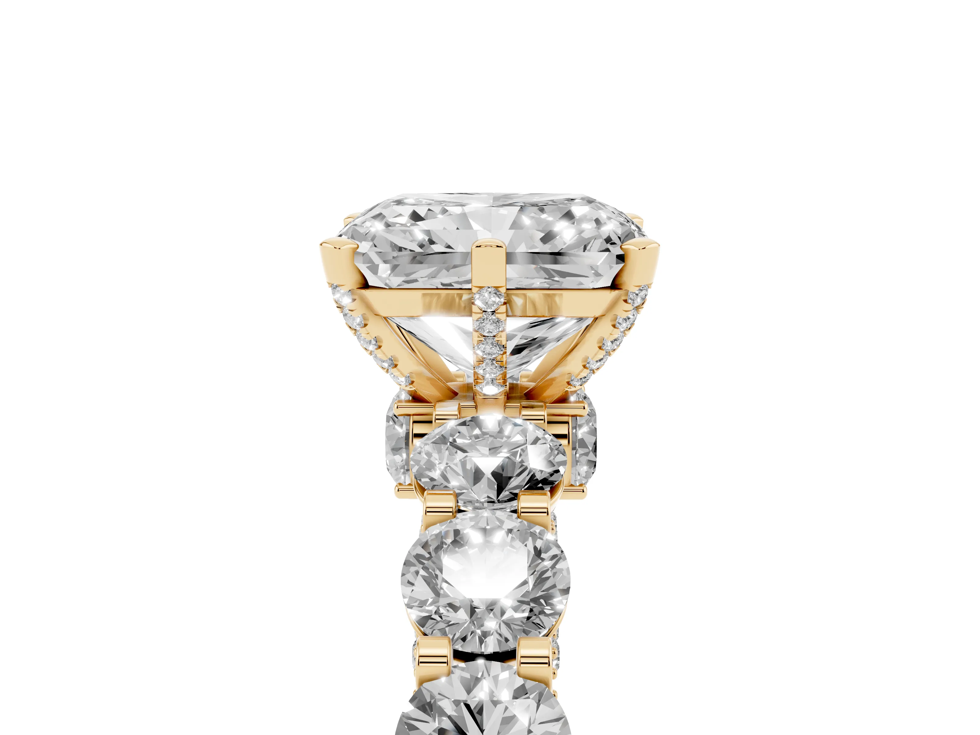 Radiant Cut Diamond Side Stone Ring Set in Yellow gold with Alternating Round and Oval Side Stones