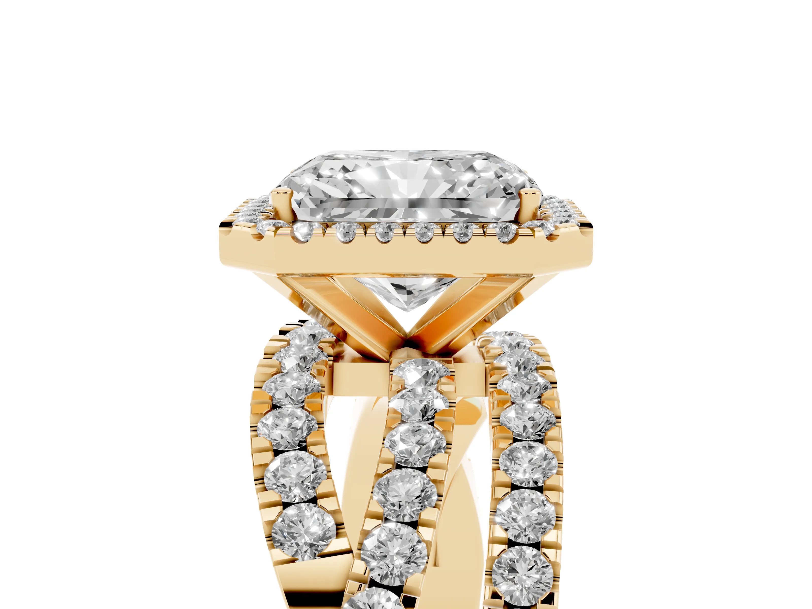 Radiant Cut Diamond Halo Ring Set in Yellow gold with Round Crossover Split Shank and Prong Setting