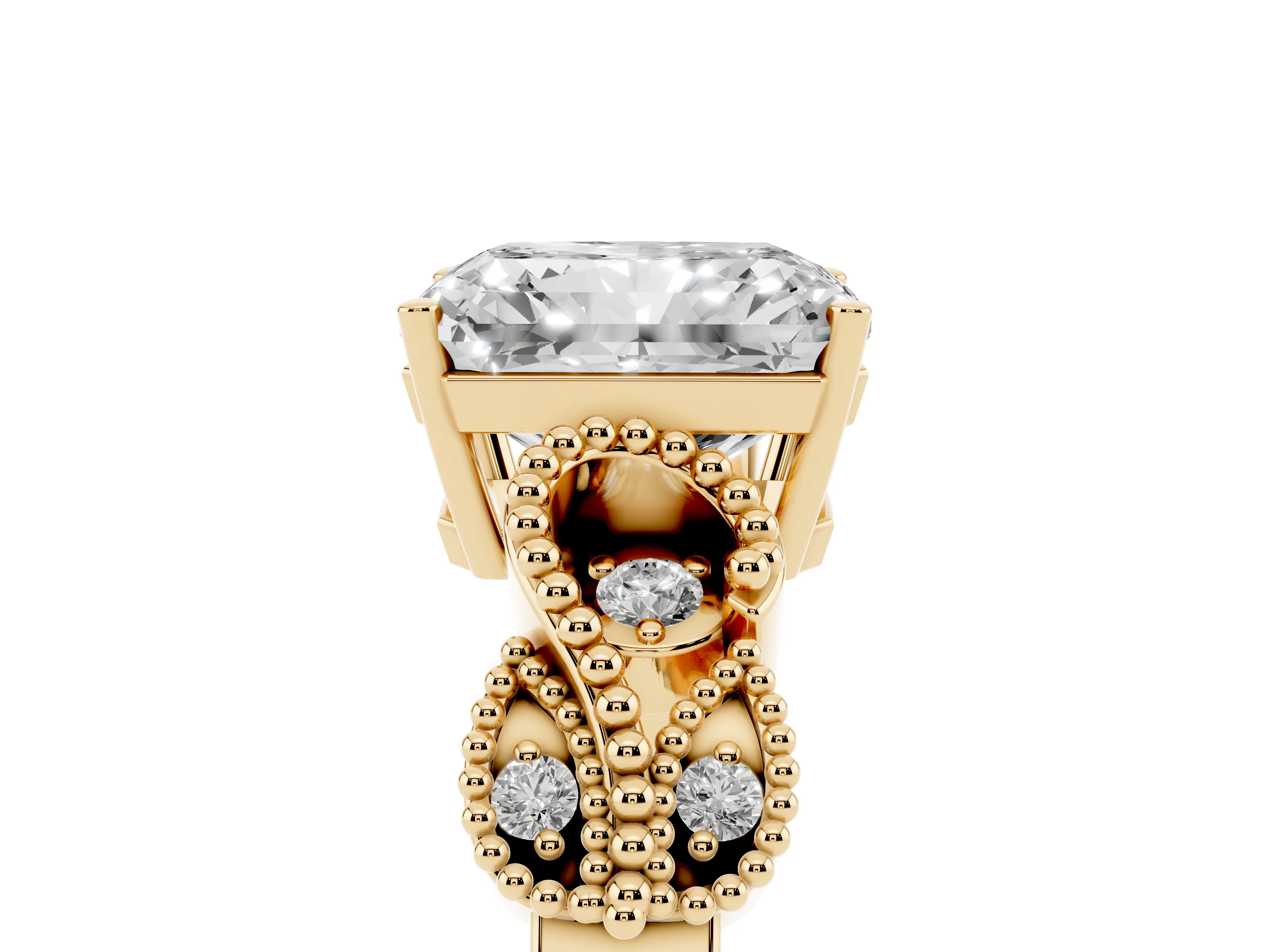 Radiant Cut Diamond Milgrain Leaf Band Solitaire Ring Set in Yellow gold with Accent Stones and Prong Setting