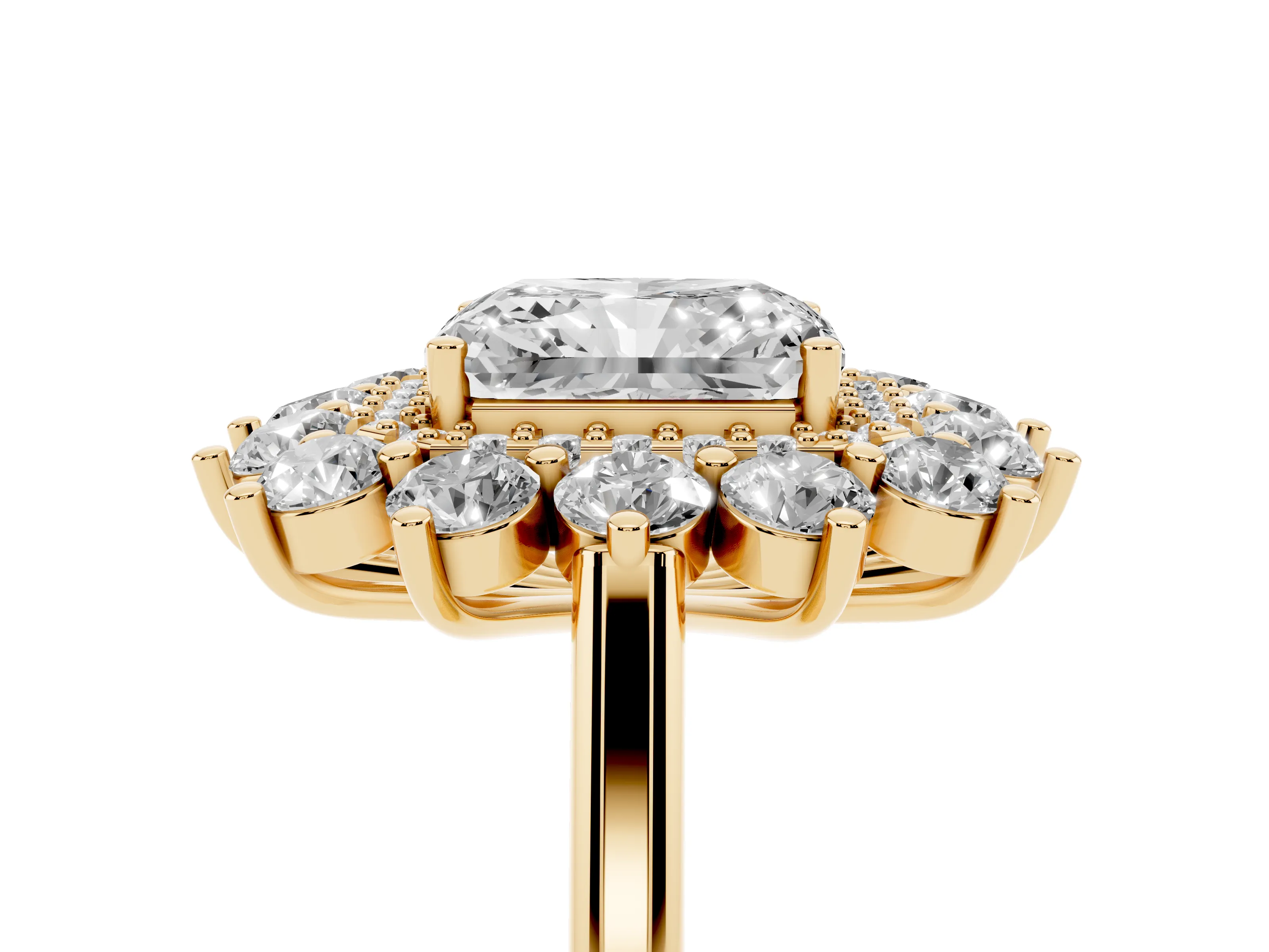 Radiant Cut Diamond Floral Double Halo Ring Set in Yellow gold with Round Petals