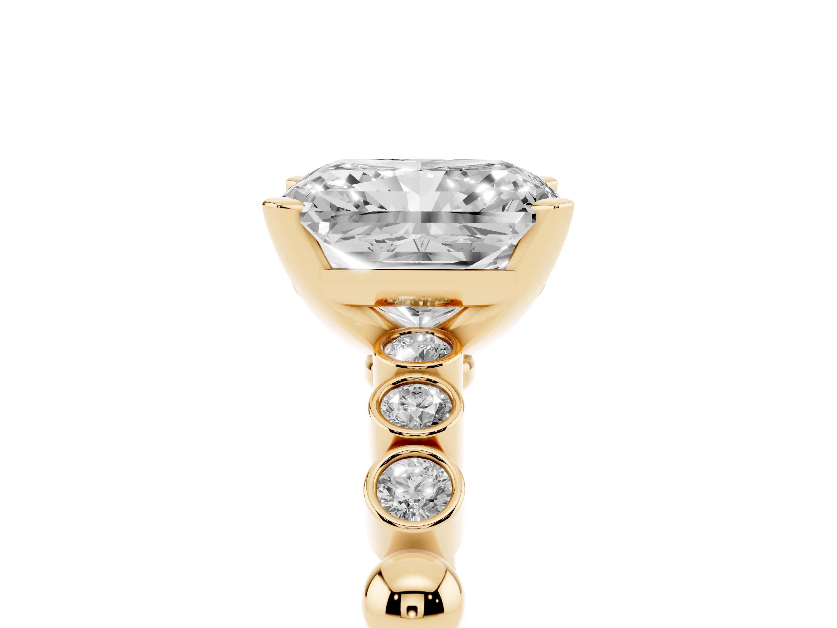 Radiant Cut Diamond Solitaire Engagement Ring Set in Yellow gold with Bezel Accents on Beaded Band