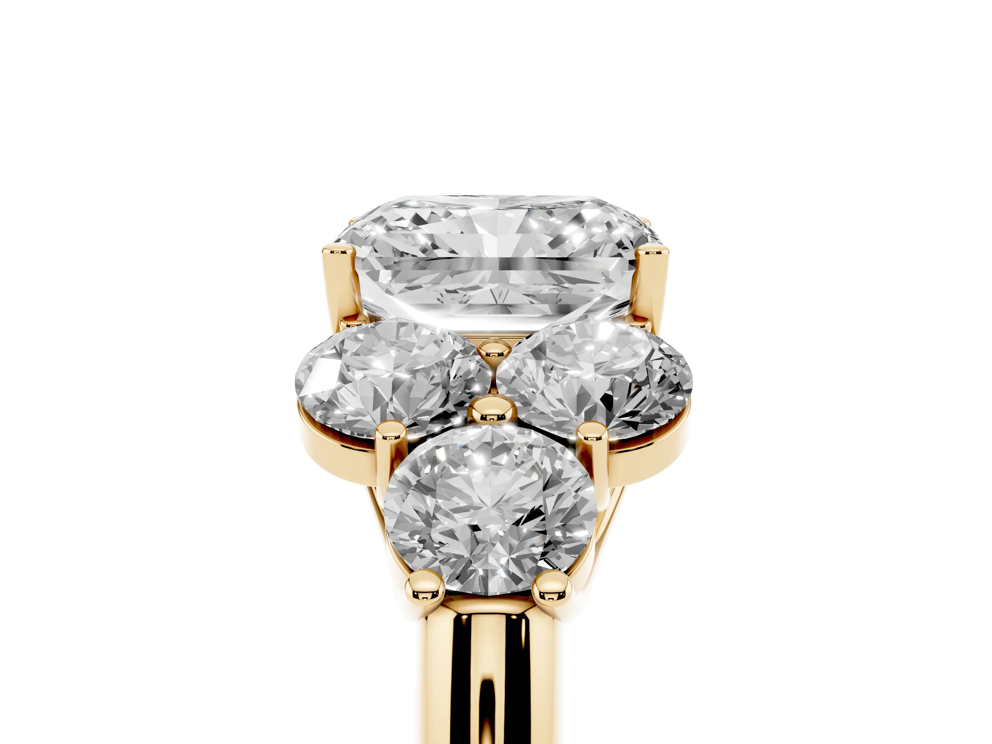 Radiant Cut Diamond Cluster Ring Set in Yellow gold with Round Accent Stones and Prong Setting on a Plain Band