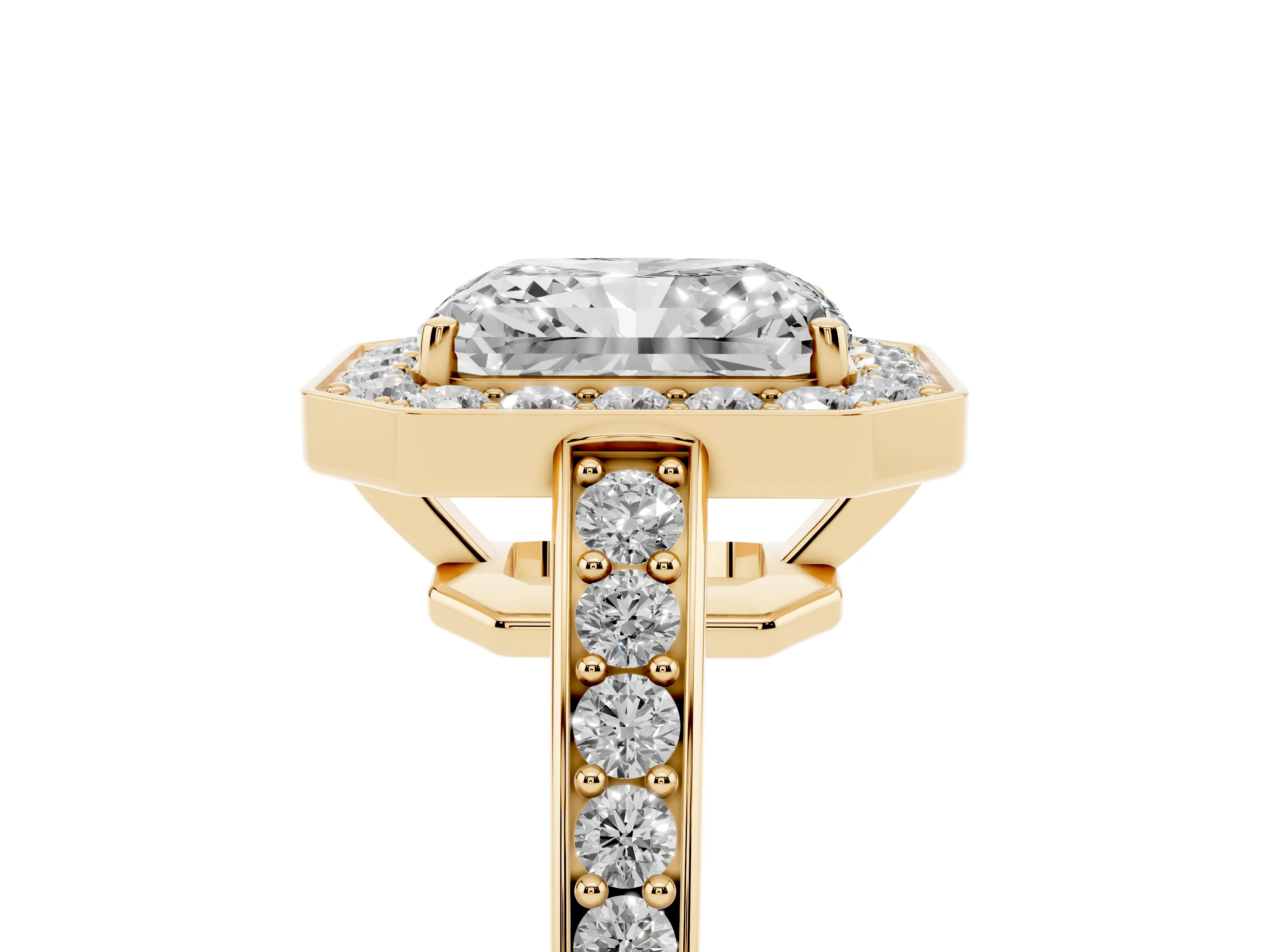 Radiant Cut Diamond Halo Pavé Engagement Ring Set in Yellow gold with Bezel Setting