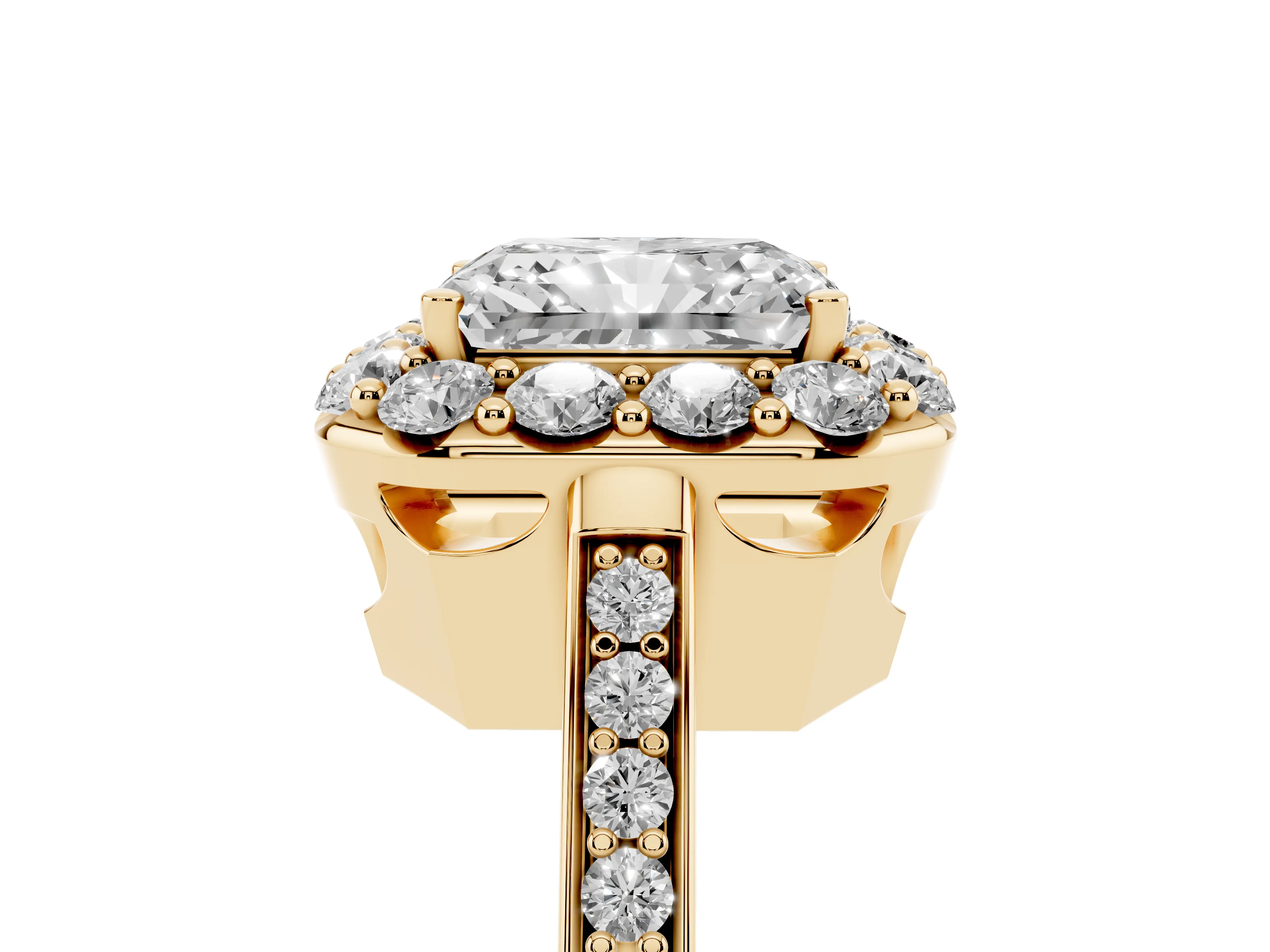 Radiant Cut Diamond Floral Halo Ring Set in Yellow gold with Pavé Band and Prong Setting
