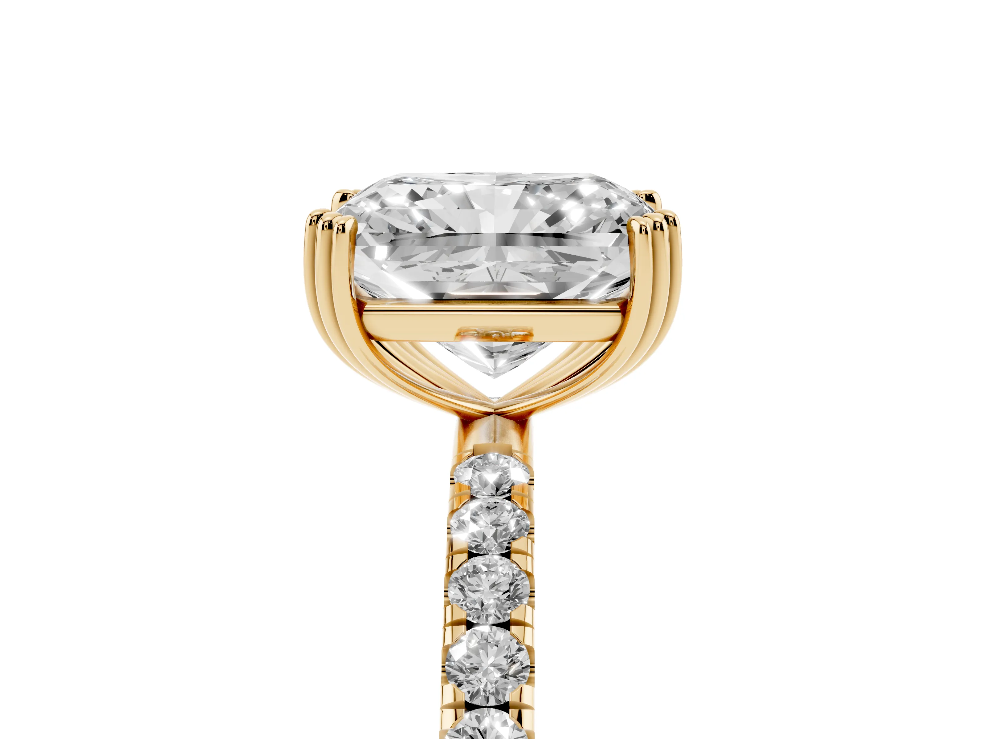 Radiant Cut Diamond Brilliant Solitaire Set in Yellow gold with Pavé Band and Claw Prong Setting
