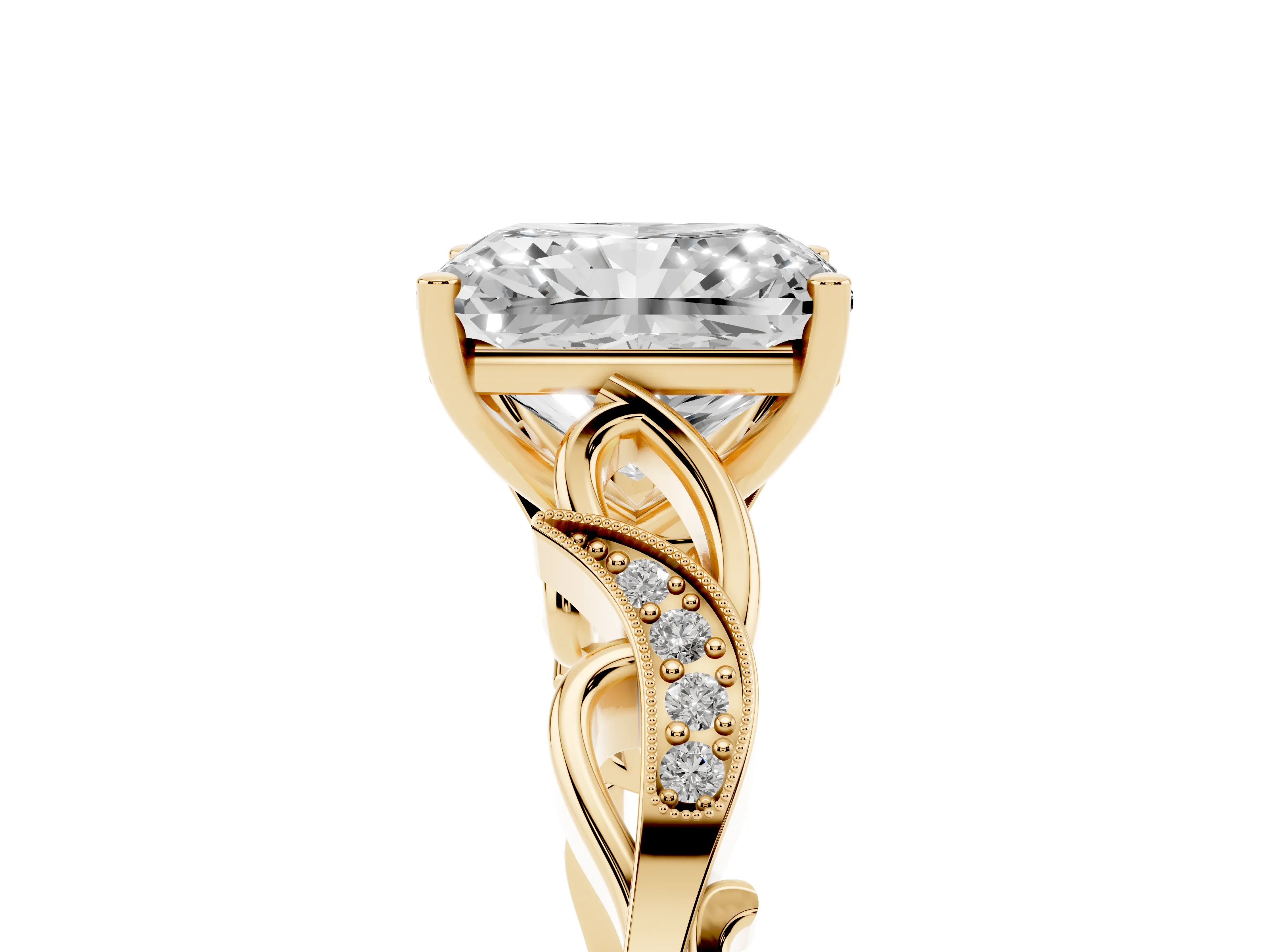 Radiant Cut Diamond Vine Band Solitaire Ring Set in Yellow gold with Milgrain Prong Setting