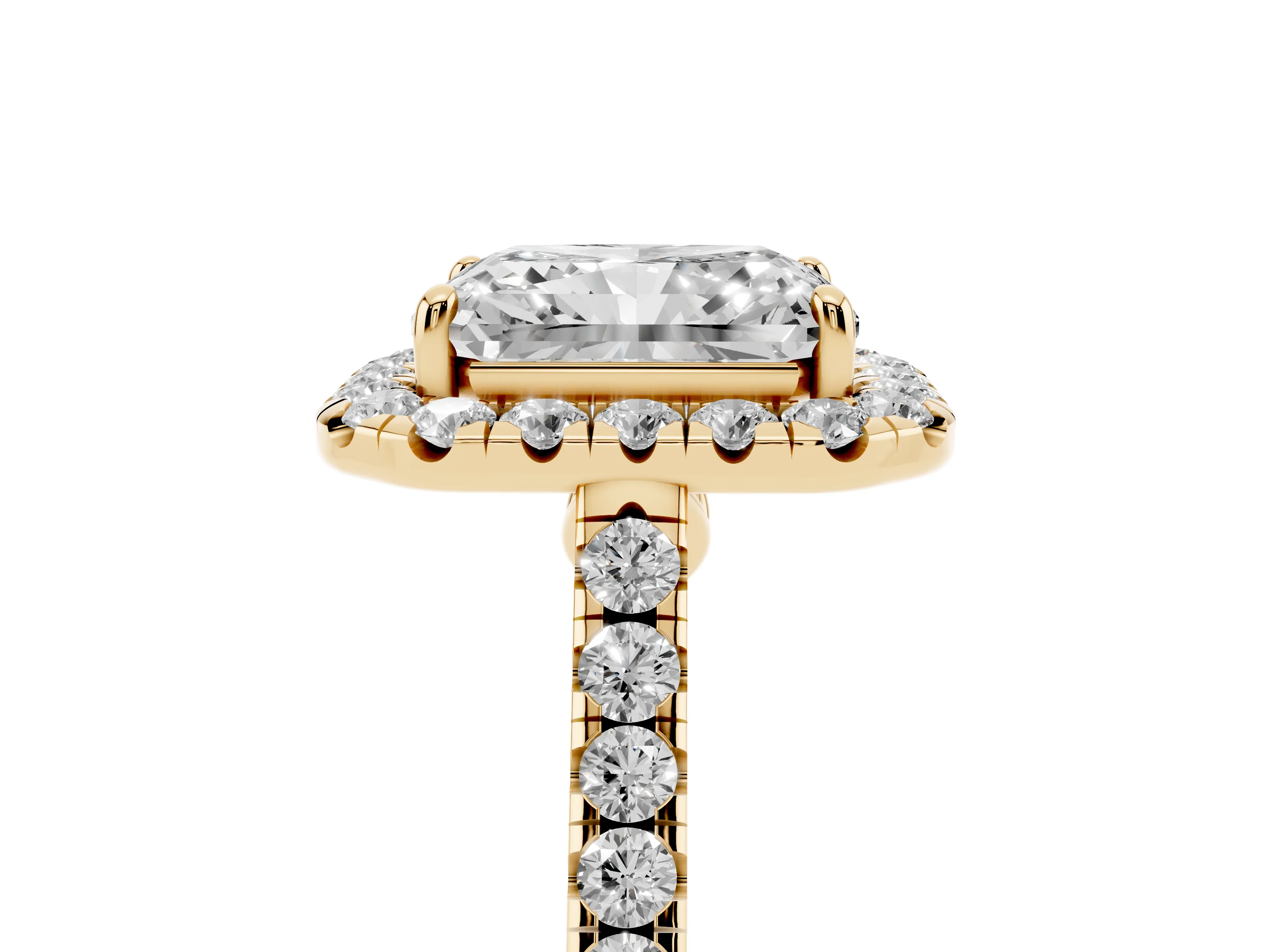 Radiant Cut Diamond Halo Pavé Engagement Ring Set in Yellow gold with Prong Setting