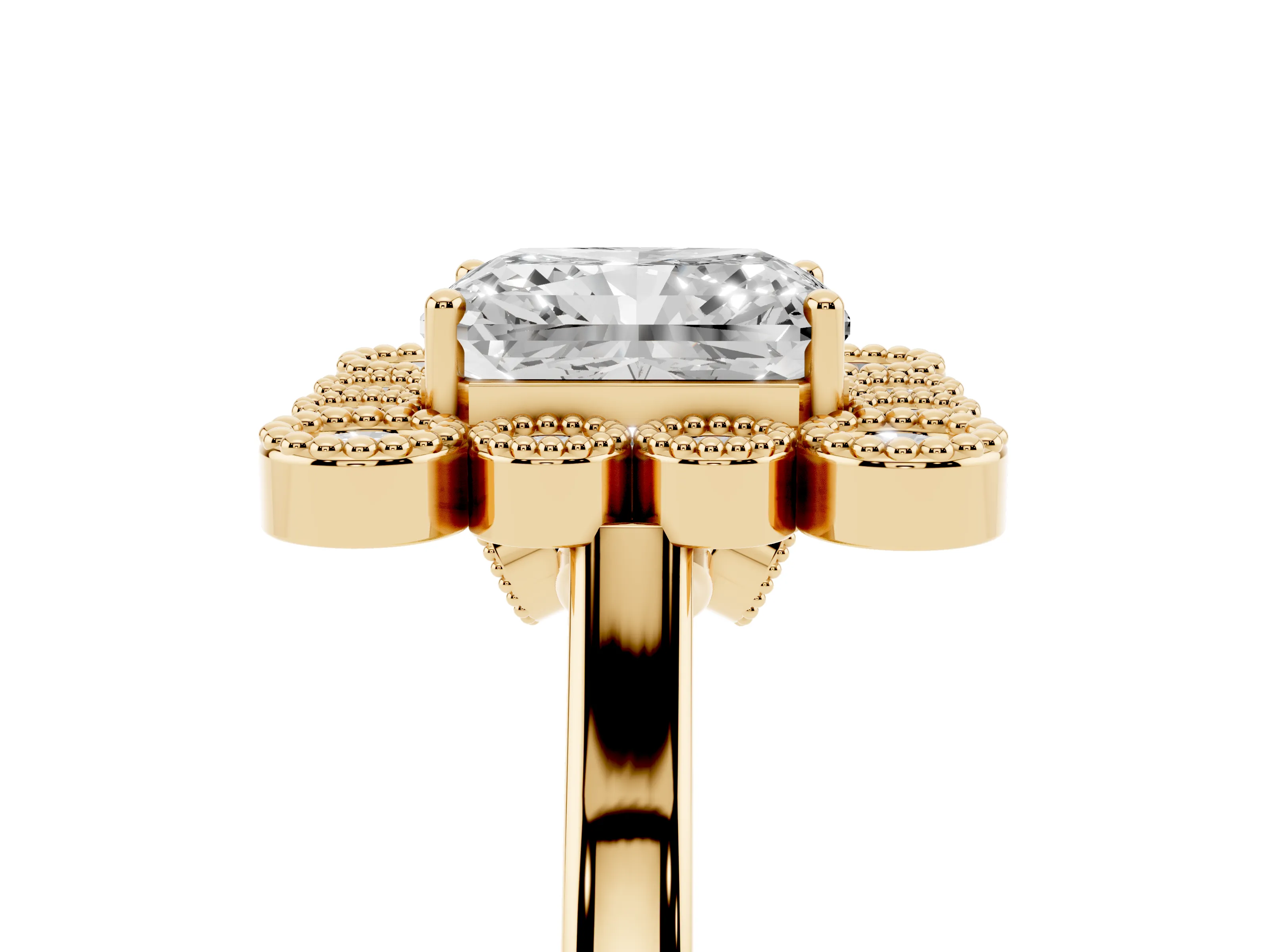 Radiant Cut Diamond Cluster Halo Ring Set in Yellow gold with Milgrain Bezel Accents and Plain Band