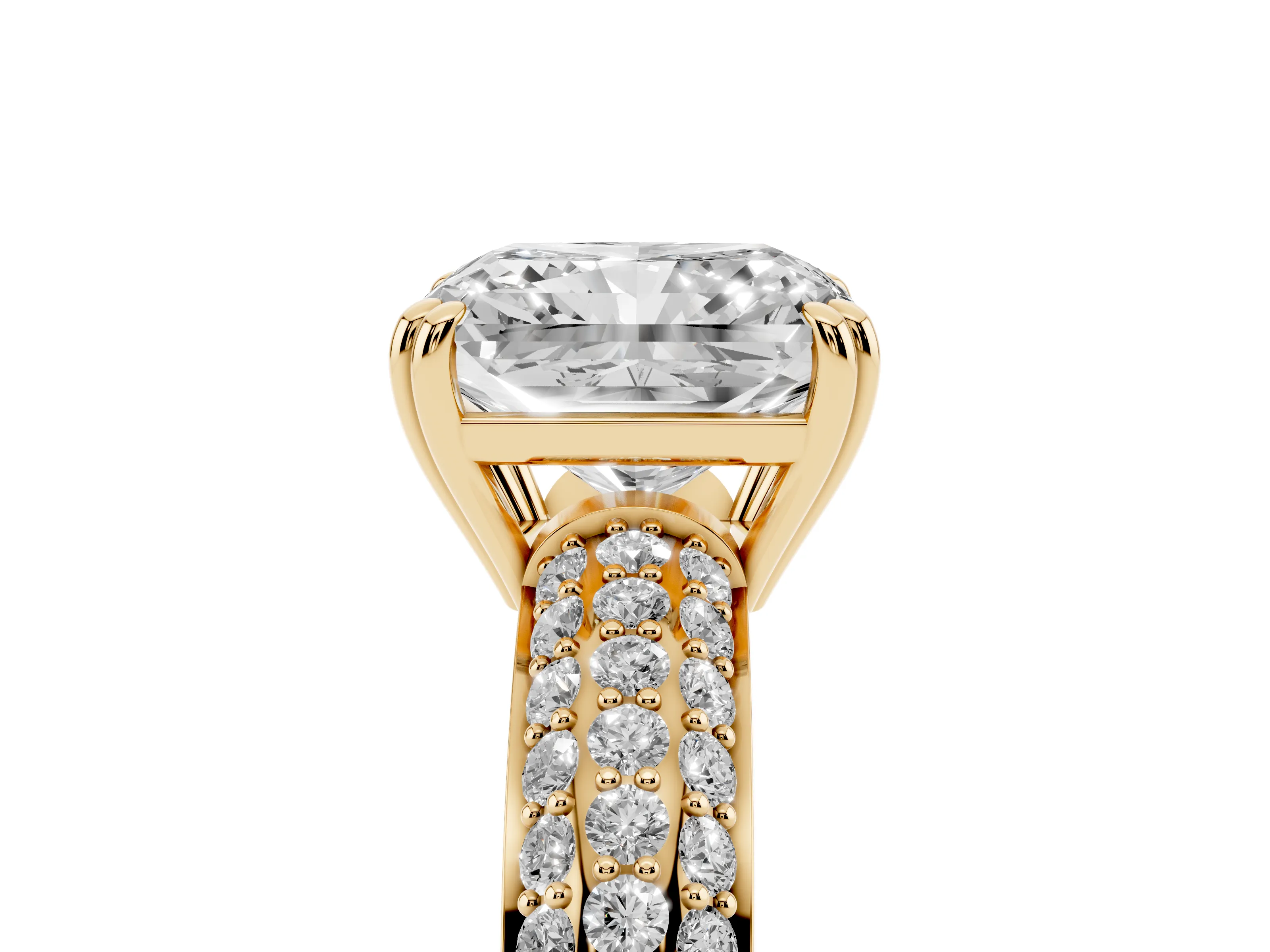 Radiant Cut Diamond Solitaire Ring Set in Yellow gold with Multi-Row Round Pavé Band and Prong Setting