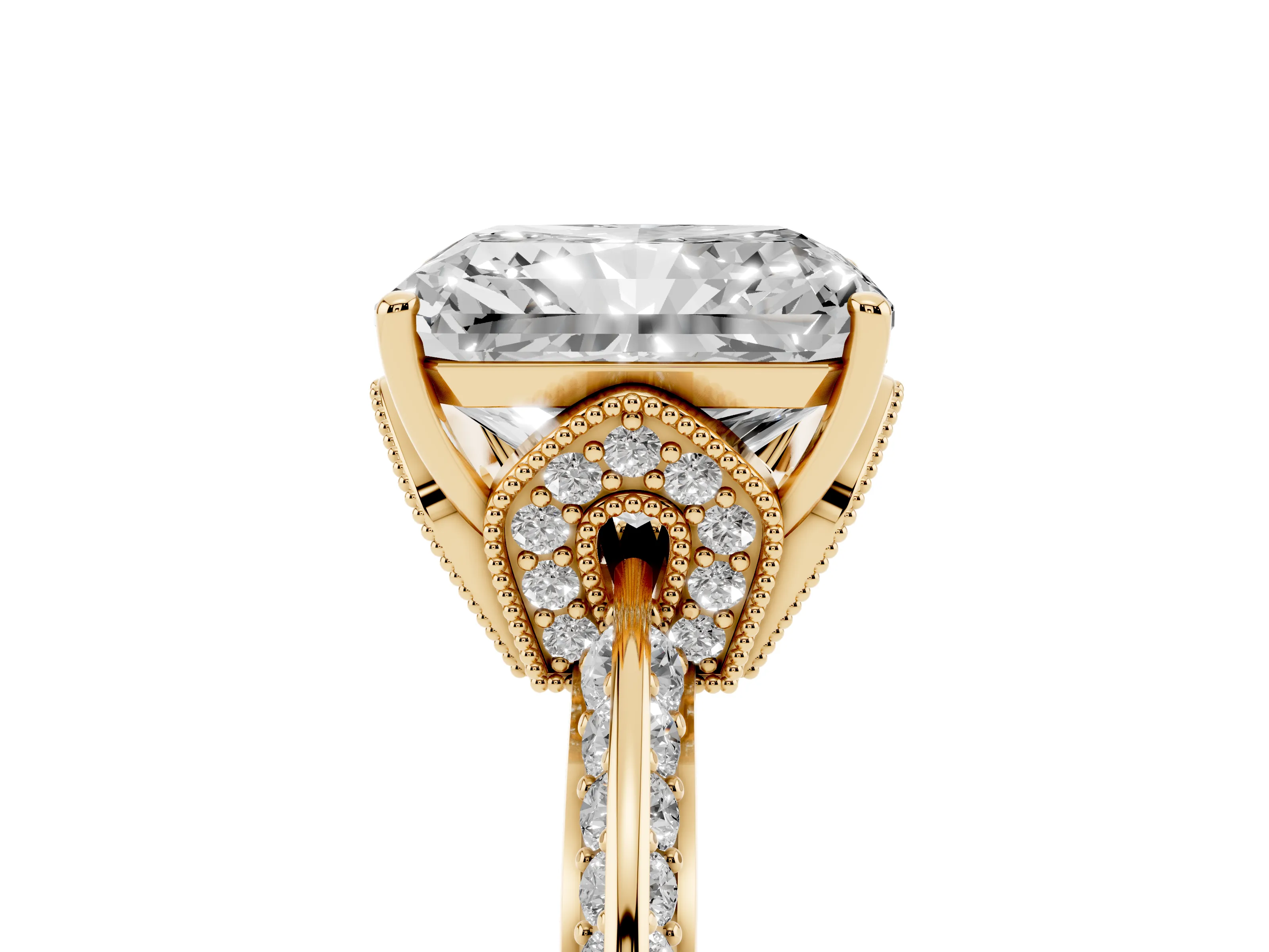 Radiant Cut Diamond Solitaire Engagement Ring Set in Yellow gold with Pavé Split Shank and Prong Setting