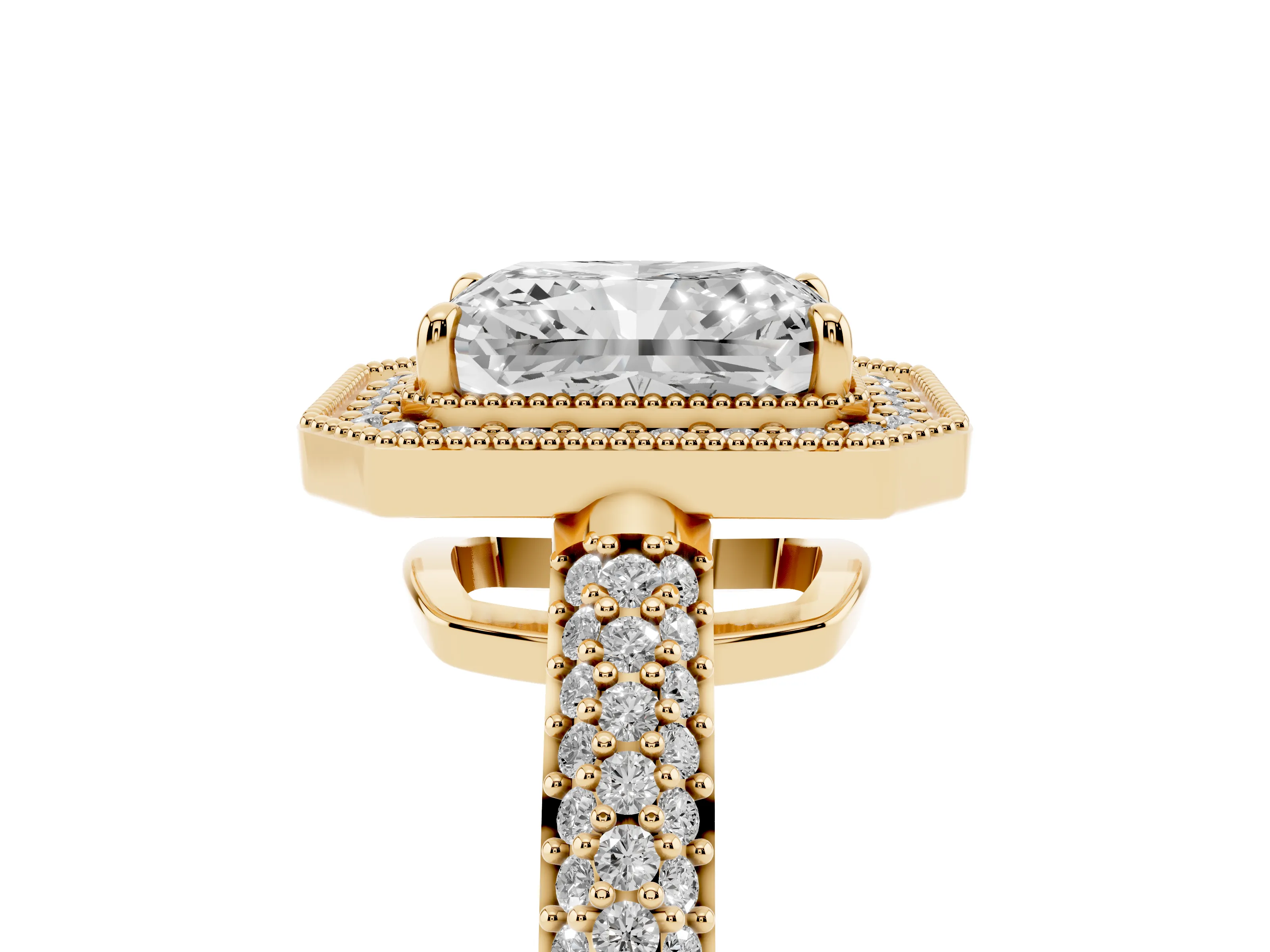 Radiant Cut Diamond Halo Pavé Band Set in Yellow gold with Prong Setting