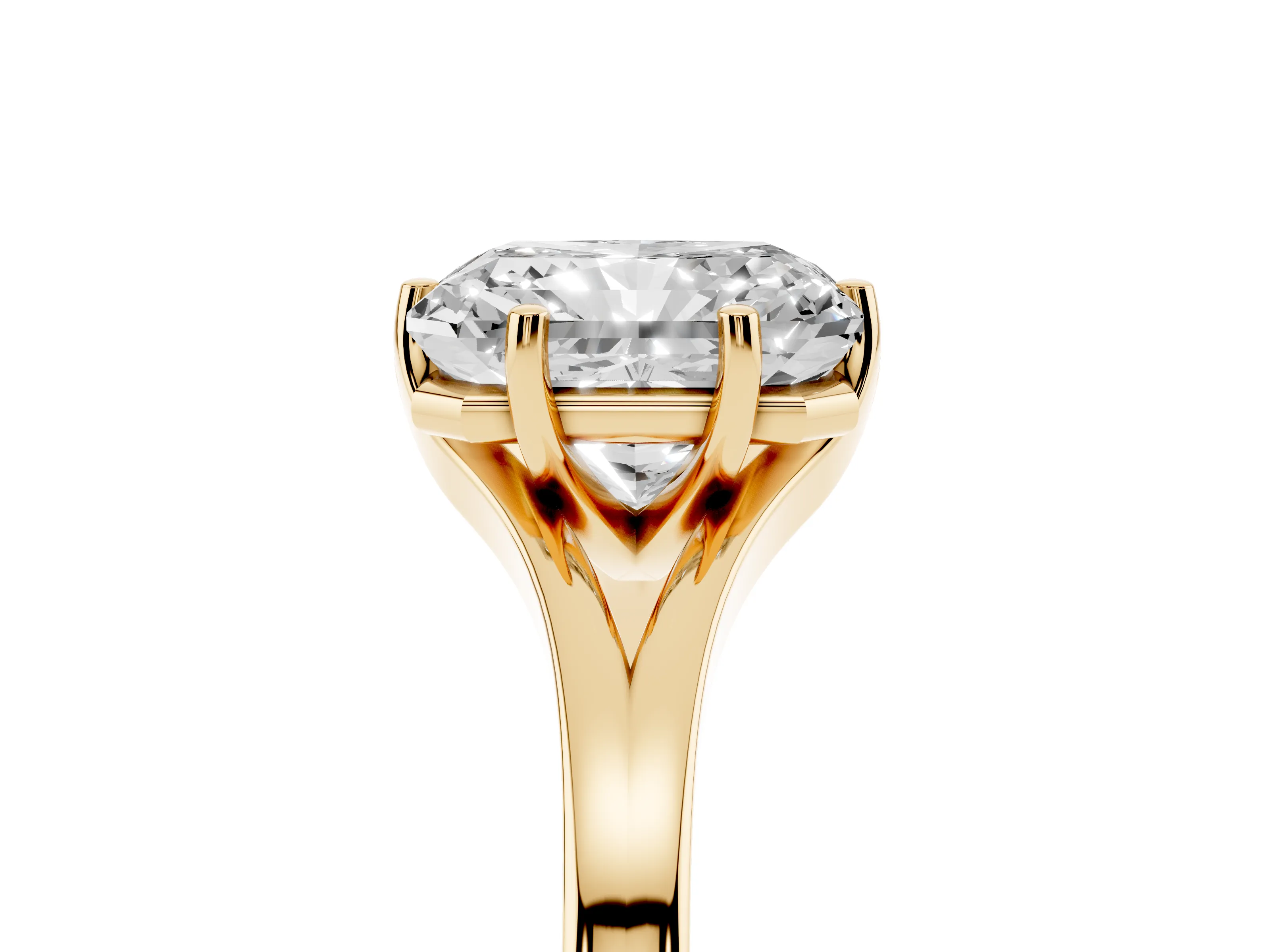 Radiant Cut Diamond Solitaire Ring Set in Yellow gold with Polished Tapered Band and Prong Setting