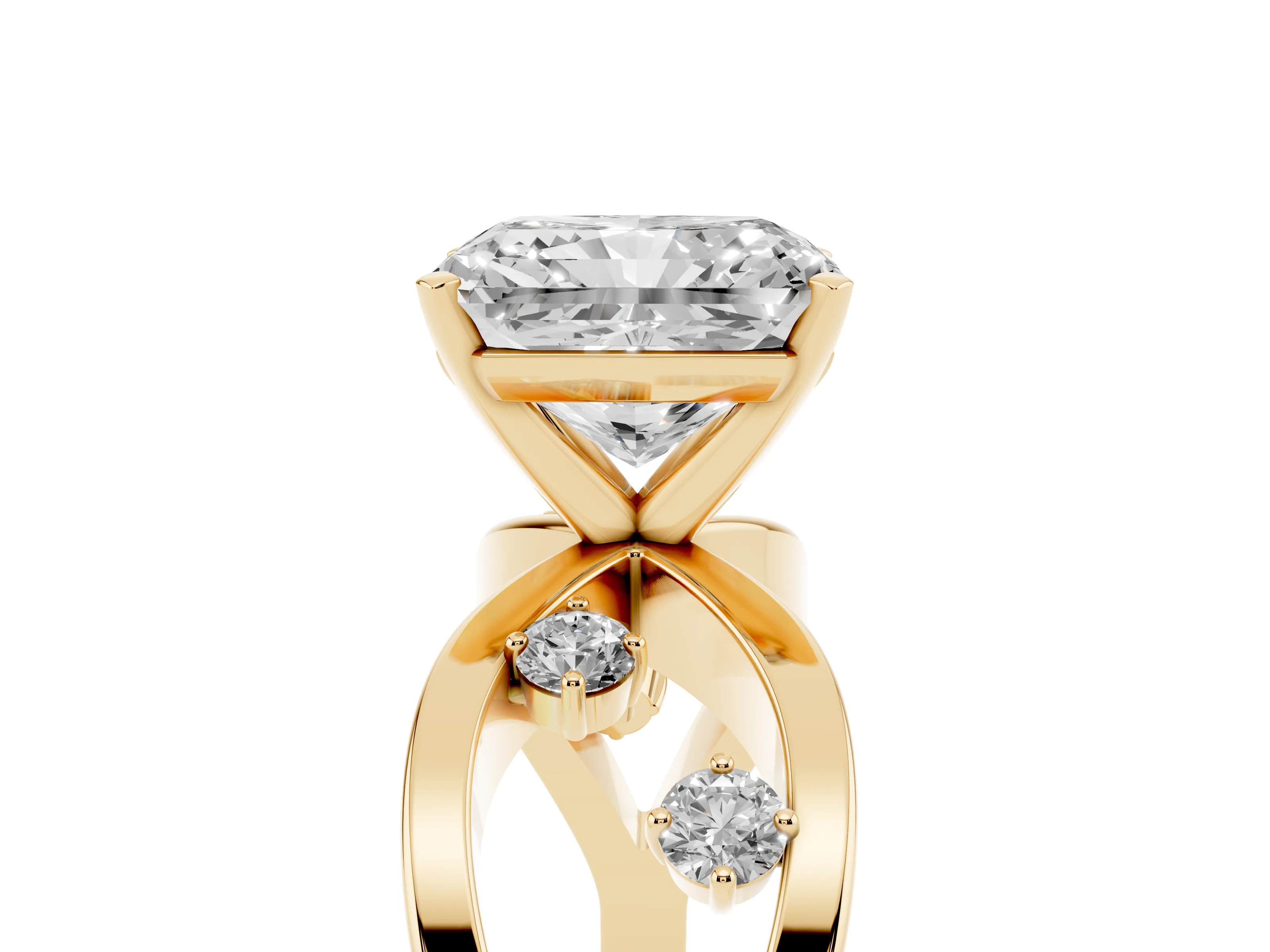 Radiant Cut Diamond Solitaire Ring Set in Yellow gold with Side Stones on Criss-Cross Band and Prong Setting