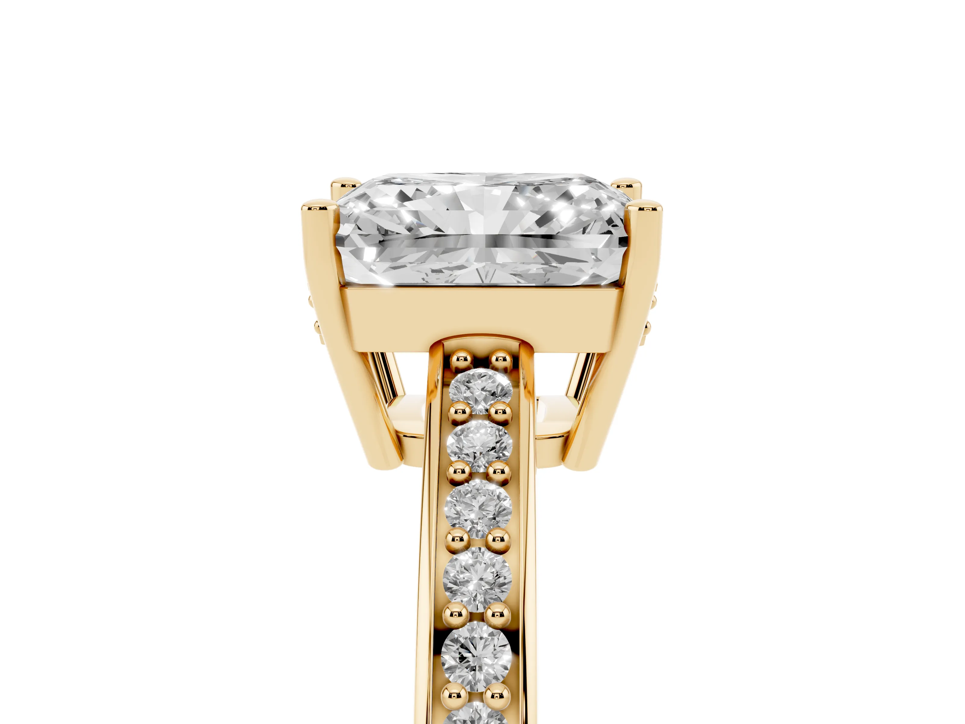Radiant Cut Diamond Pavé Band Prong Set Solitaire Ring Set in Yellow gold