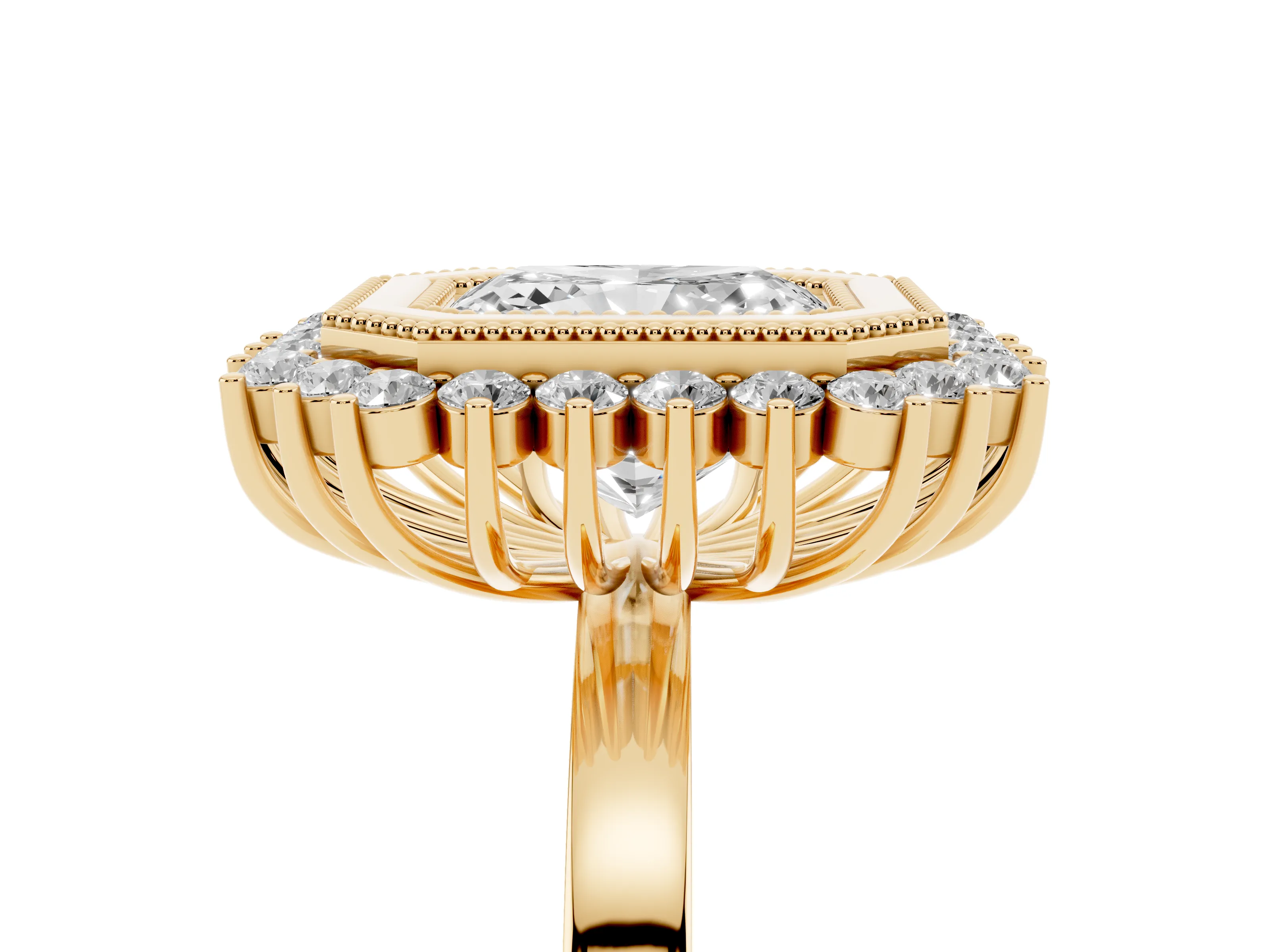 Radiant Cut Diamond Halo Ring Set in Yellow gold with Milgrain Edge and Round Prong Setting