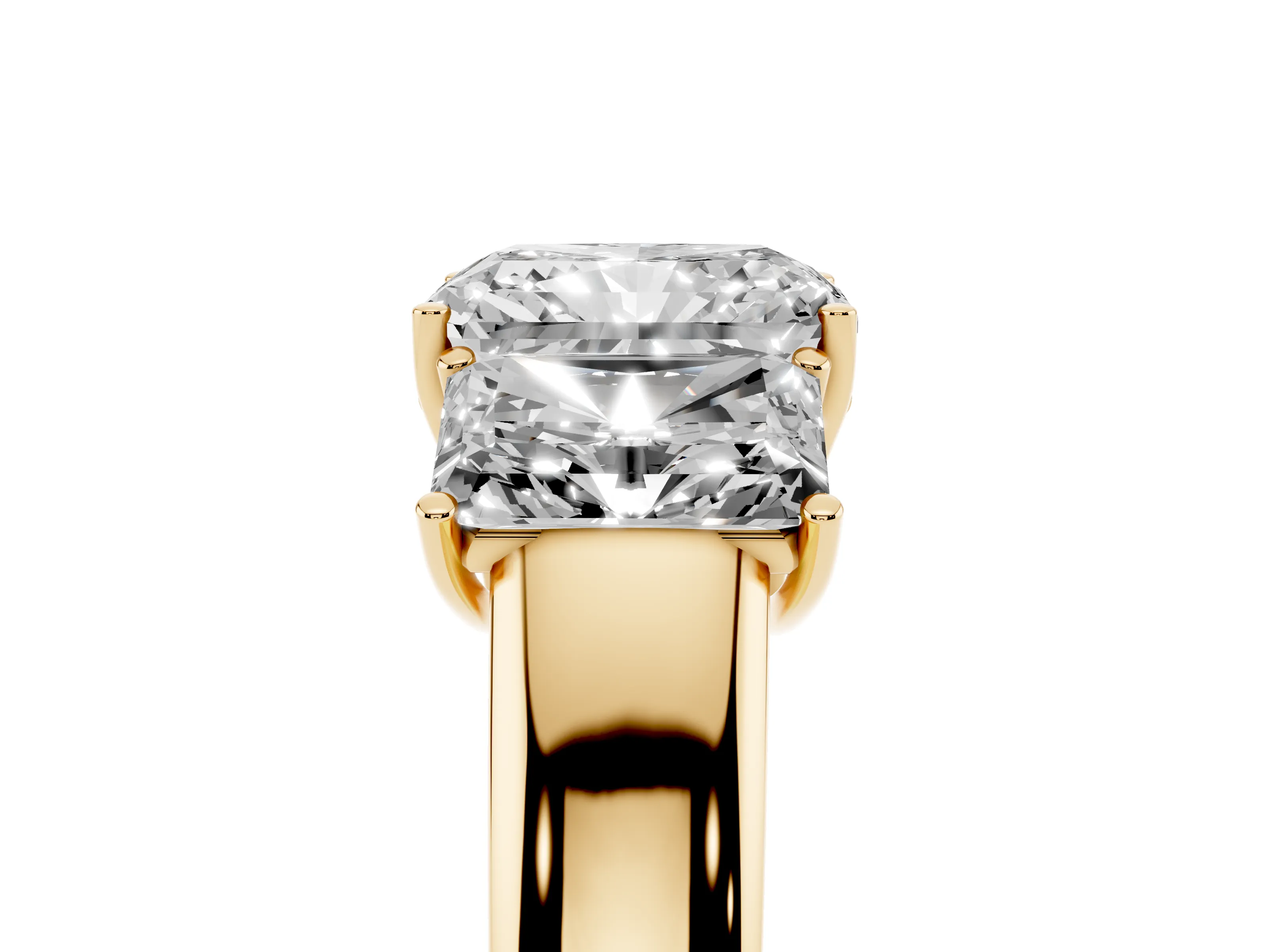 Three-Stone Radiant Cut Diamond Ring Set in Yellow gold with Matching Prong Settings and Plain Band