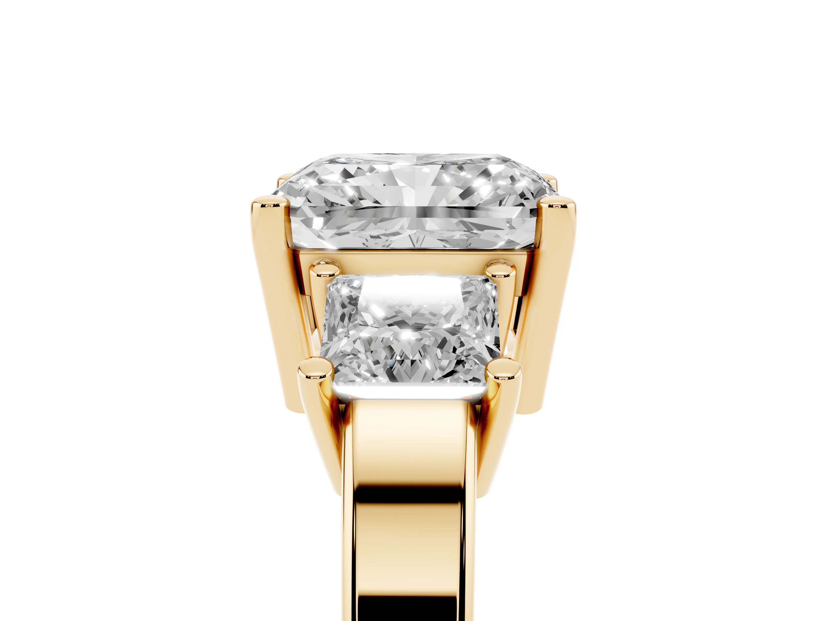 Three-Stone Radiant Cut Diamond Solitaire Ring Set in Yellow gold with Prong Setting